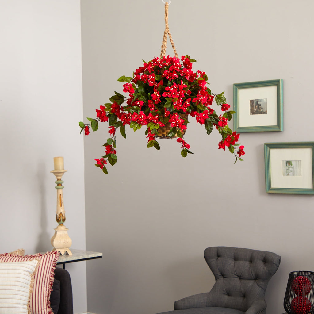 Nearly Natural Red 28"H Bougainvillea Hanging Basket UV Artificial Plant Resistant (Indoor/Outdoor)