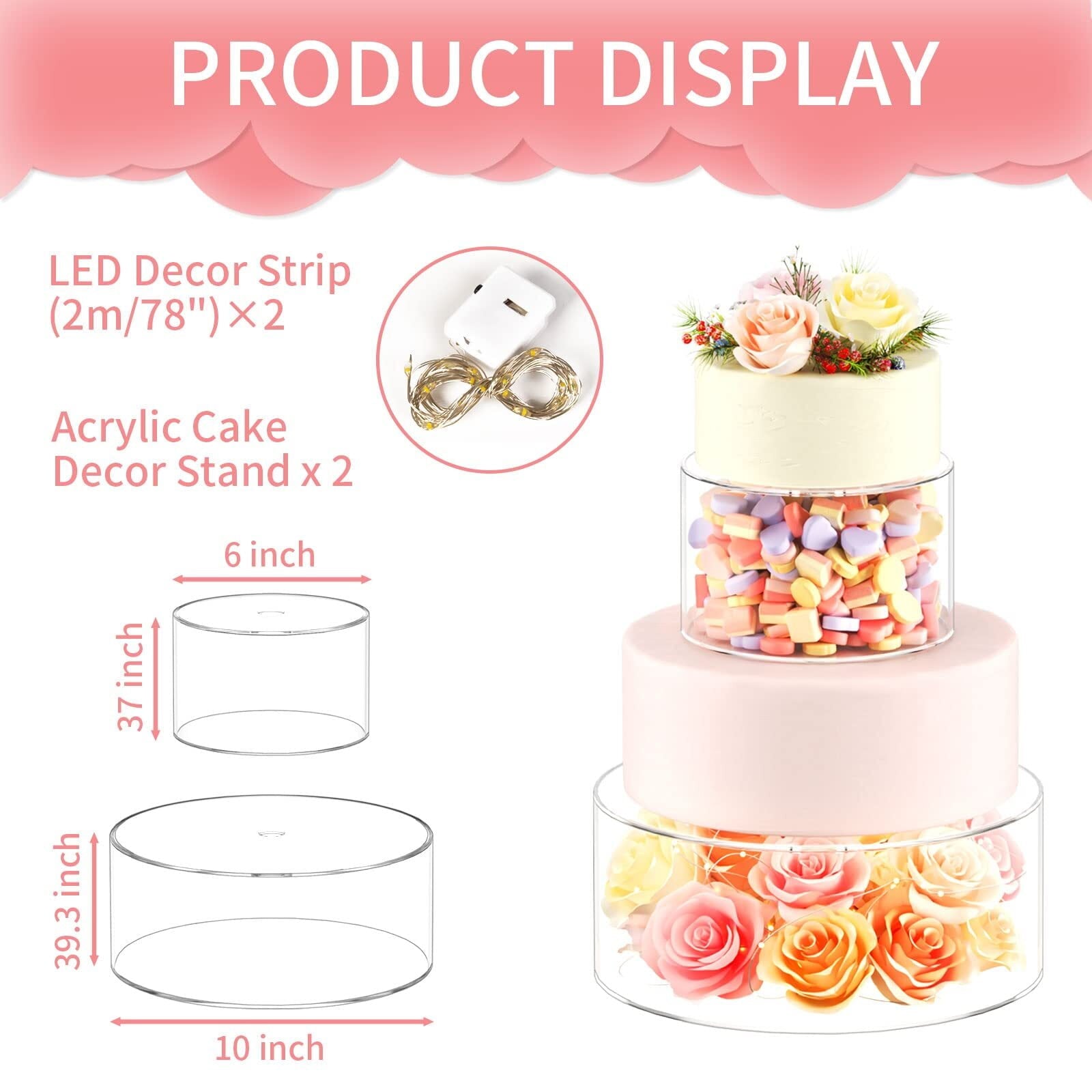 NIUBEE Cake Stand for Wedding 2 Tier Cake Stand with Lid,Clear Acrylic Fillable Cake Holders, Baby Shower Cake Birthday Cake Display with 2M LED Lights