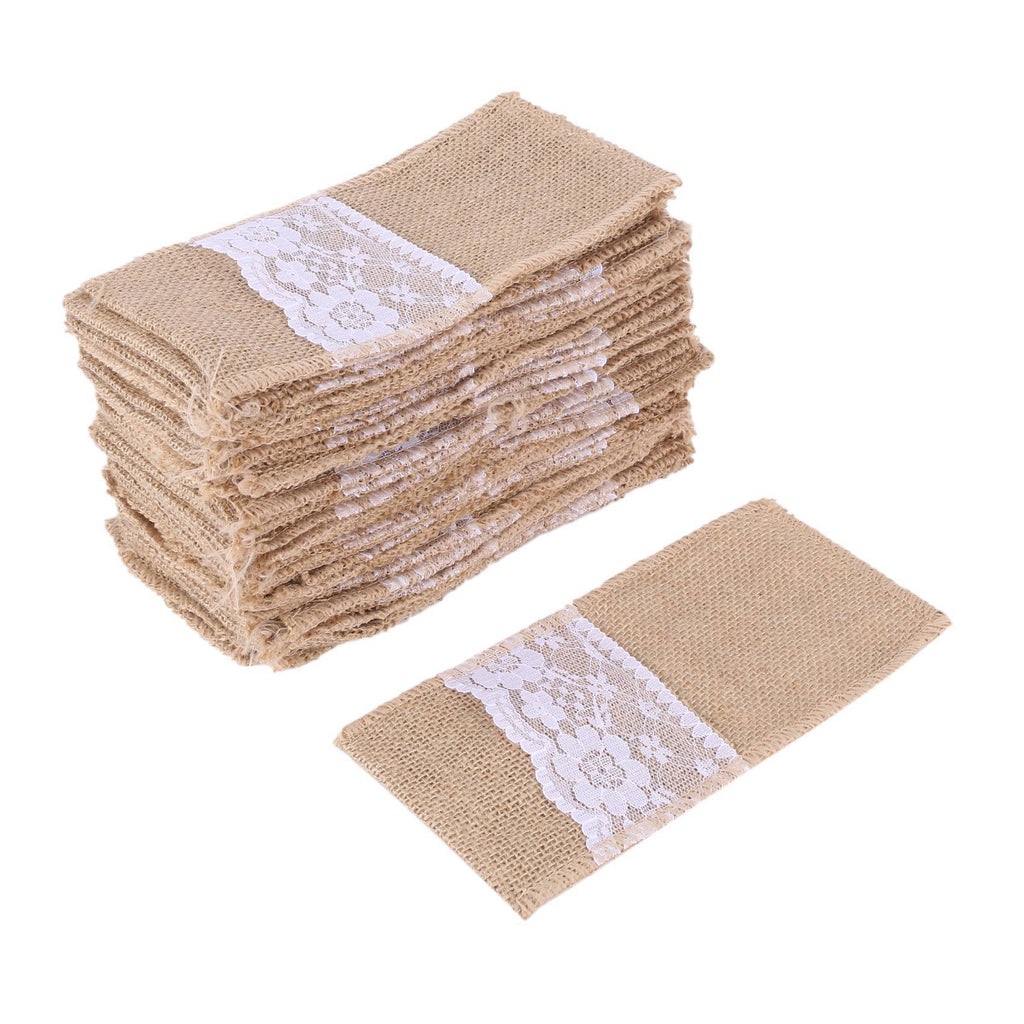 100pcs Natural Jute Cutlery Knives and Forks Cutlery Set Silverware Bag Holder Burlap & Lace Party Wedding Decor,21x11cm