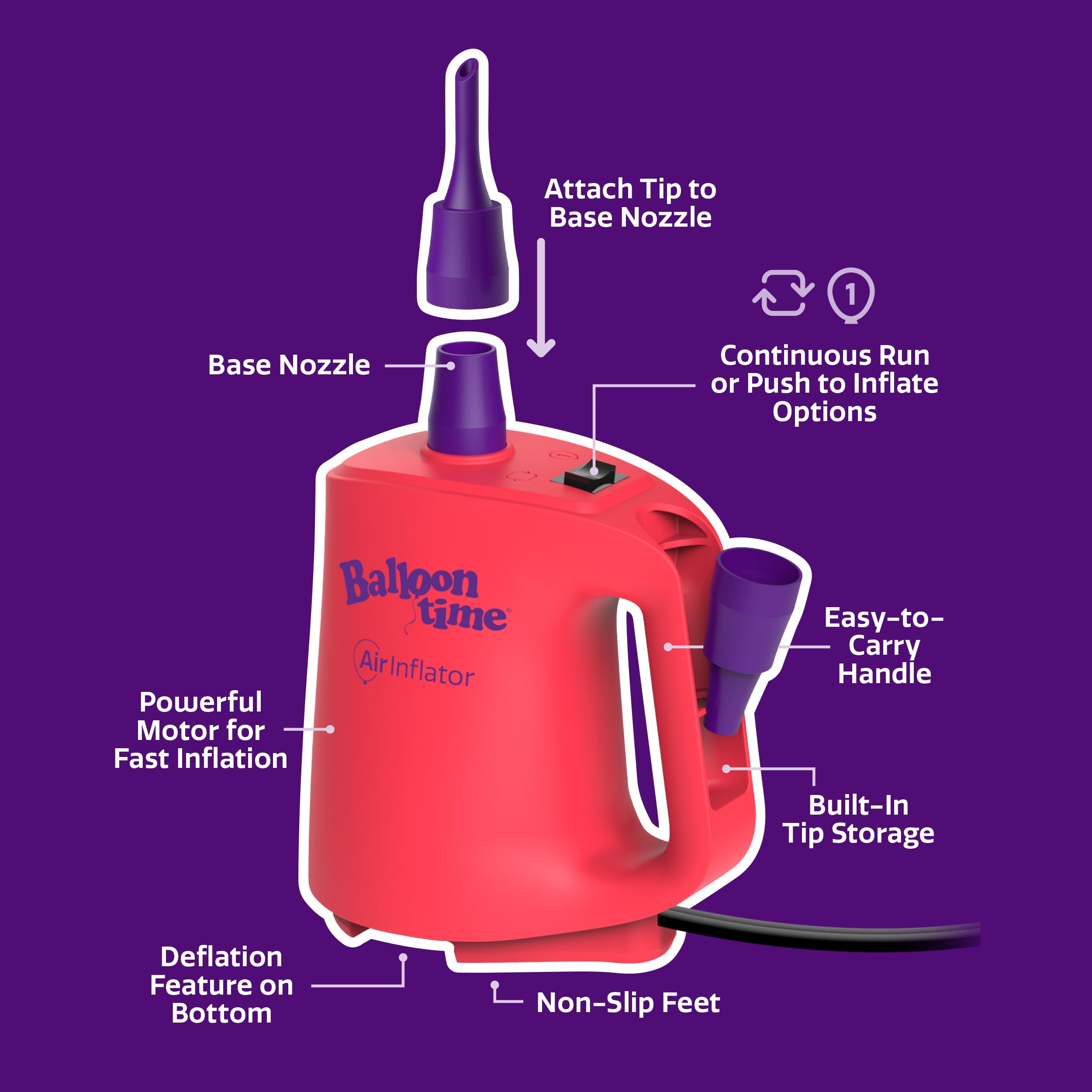 Balloon Time Electric Air Inflator Pump, Dual Nozzle, for Balloons, Pool Floats & Air Mattresses