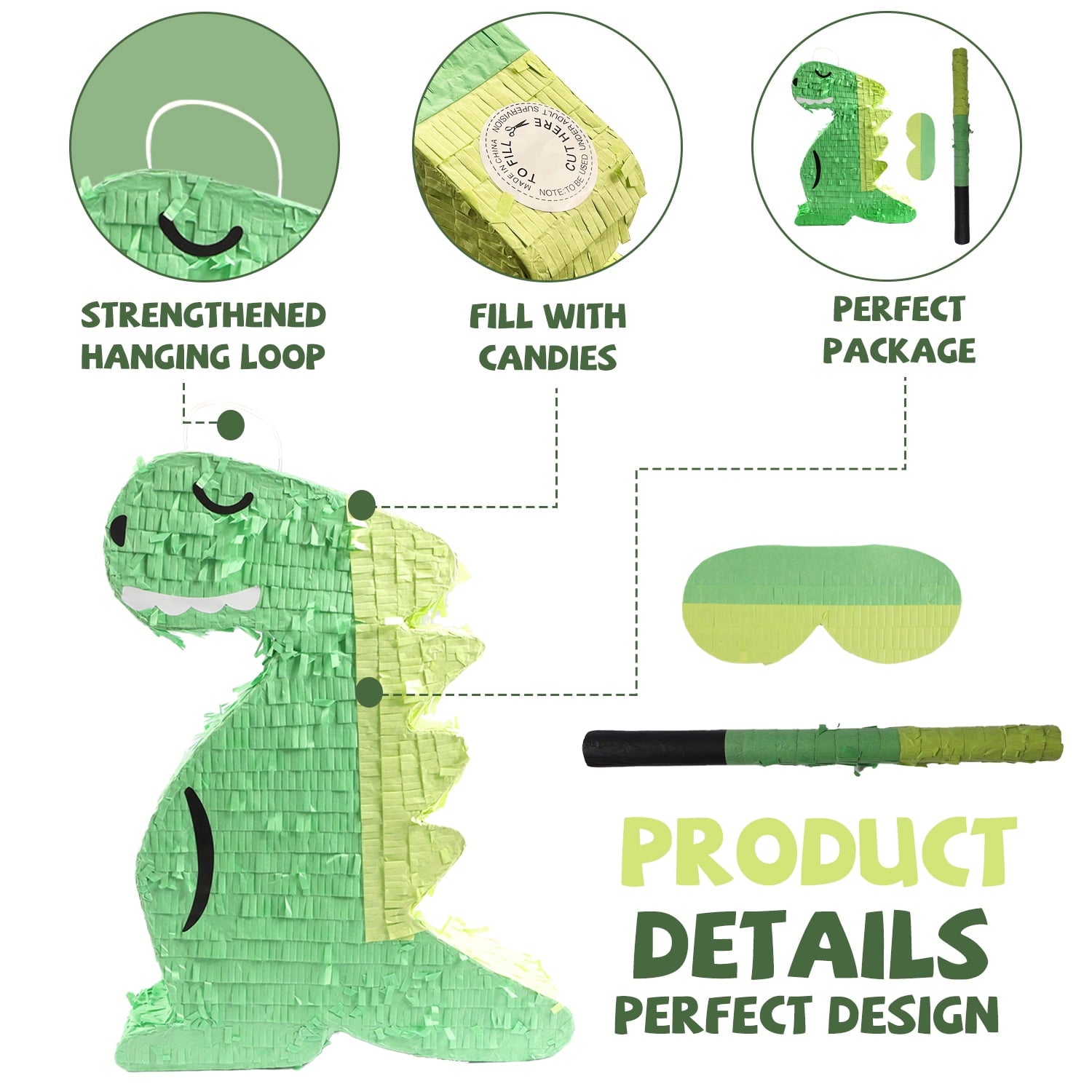 JBeeCtrl Dinosaur Pinata for Kids Birthday Party with Blindfold and Bat (17x13.4x3.5 Inches) Dinosaur Party Supplies Dino Pinata for Boys Kids