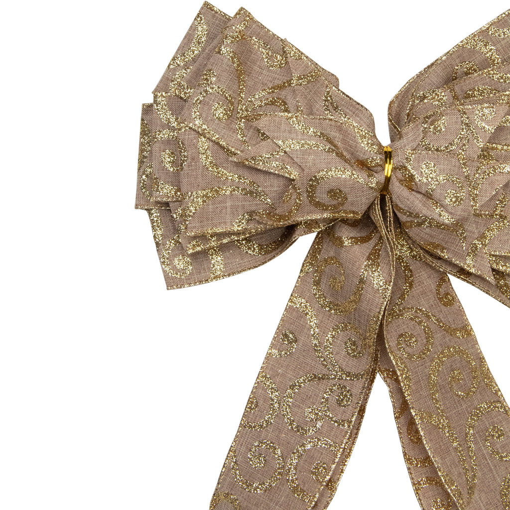Northlight 48" x 10" Burlap and Gold Scroll 16 Loop Christmas Bow Decoration