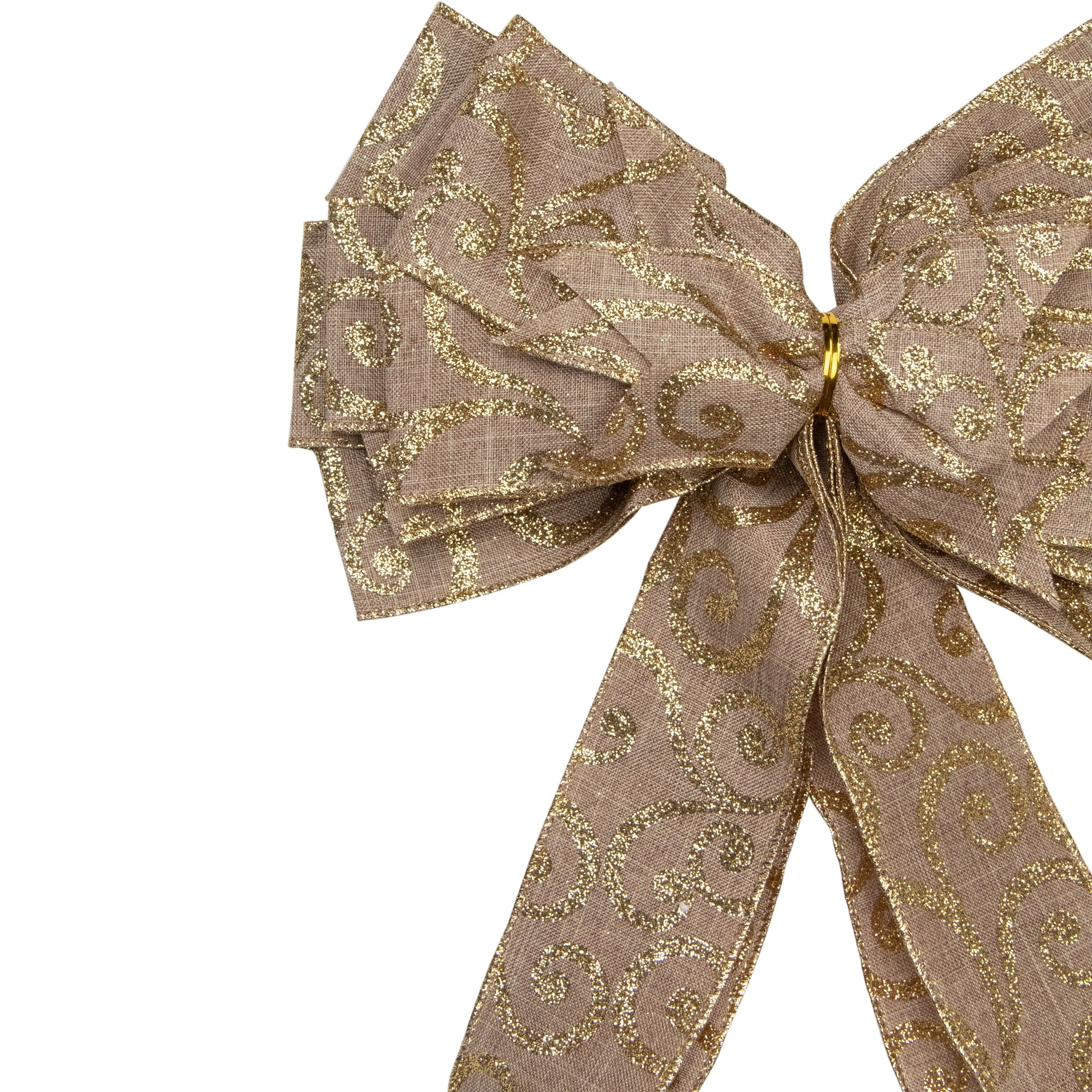 Northlight 48" x 10" Burlap and Gold Scroll 16 Loop Christmas Bow Decoration