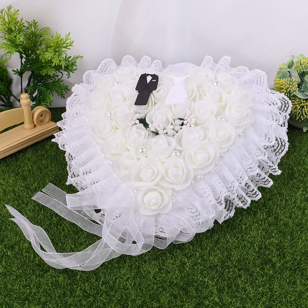 PENIKOKO Floral Lace Ring Bearer Pillow White Reusable for Wedding Events