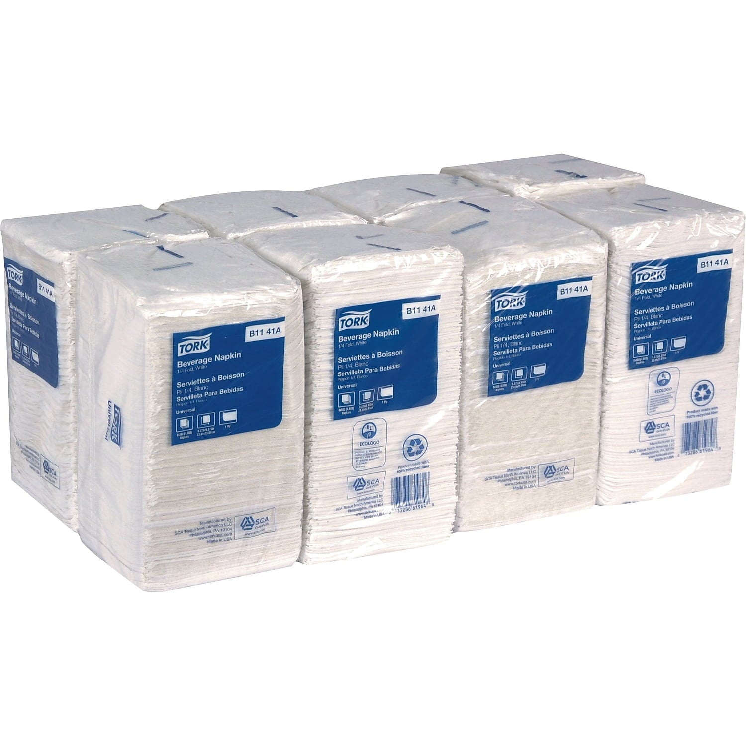 Tork Universal Beverage Napkin, 1-Ply,9.125x9.125, 1/4 Fold,Poly-Pack,White, 4000/CT -TRKB1141A