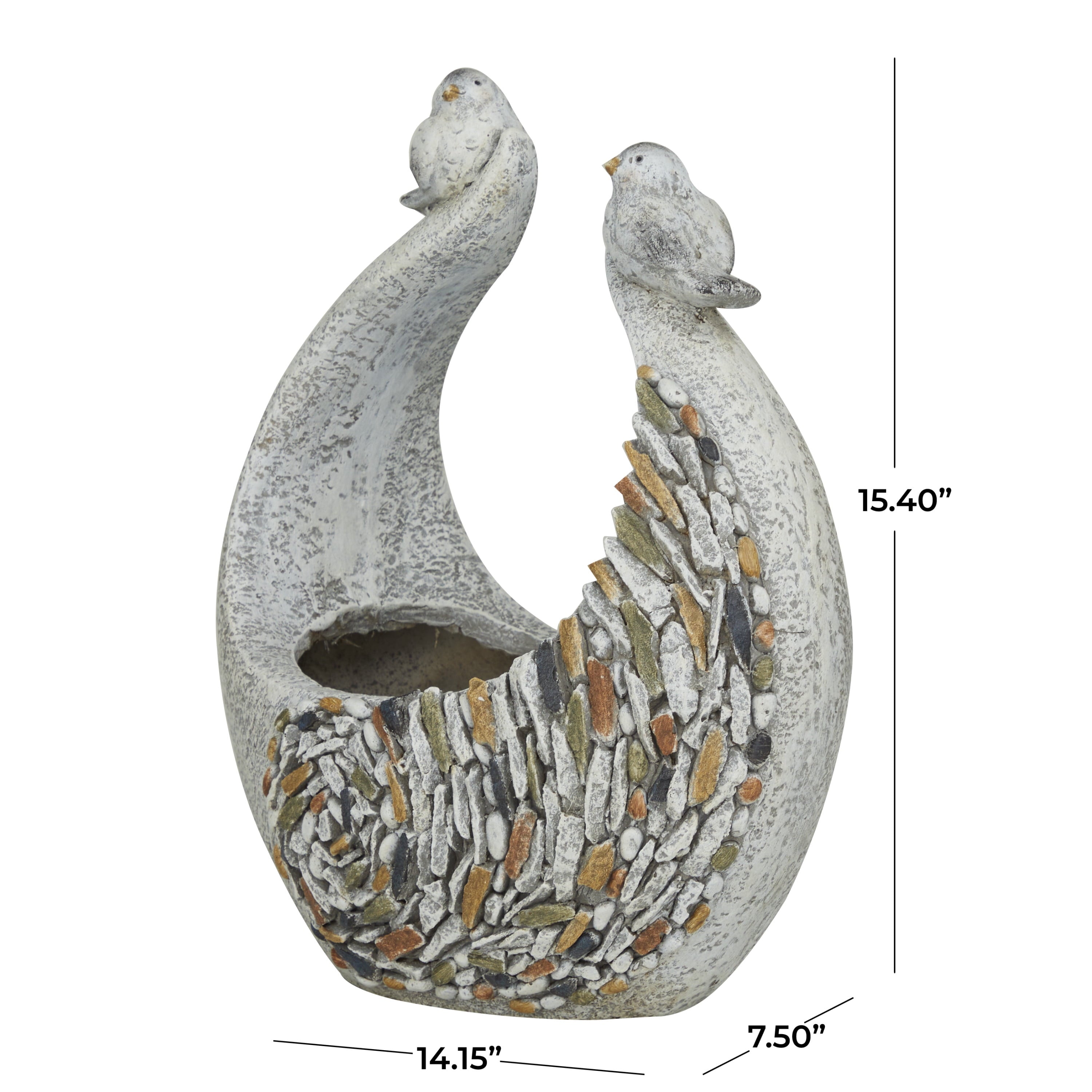 DecMode 14" x 15" Indoor Outdoor Gray Fiberglass Bird Planter with Stone Mosaic Design