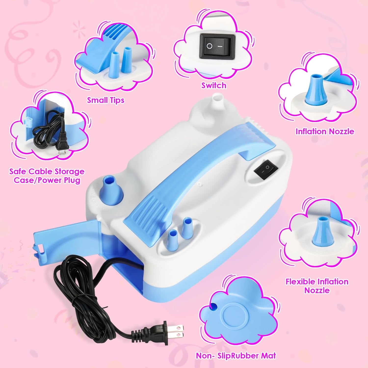 Balloon Pump Electric, Portable Automatic Dual Nozzle Inflator 110V 600W with Tying Tools for Birthday Gender Reveal Baby Shower Balloons Party Decorations