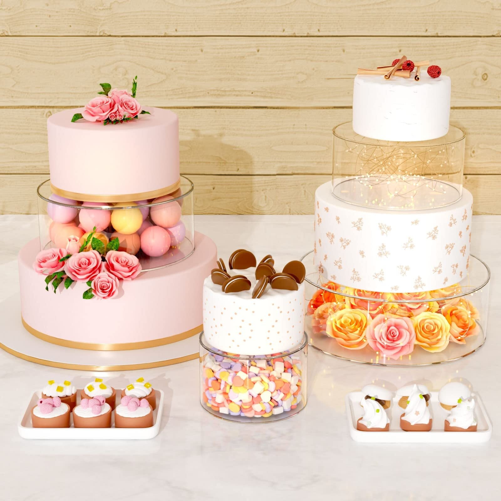 NIUBEE Cake Stand for Wedding 2 Tier Cake Stand with Lid,Clear Acrylic Fillable Cake Holders, Baby Shower Cake Birthday Cake Display with 2M LED Lights