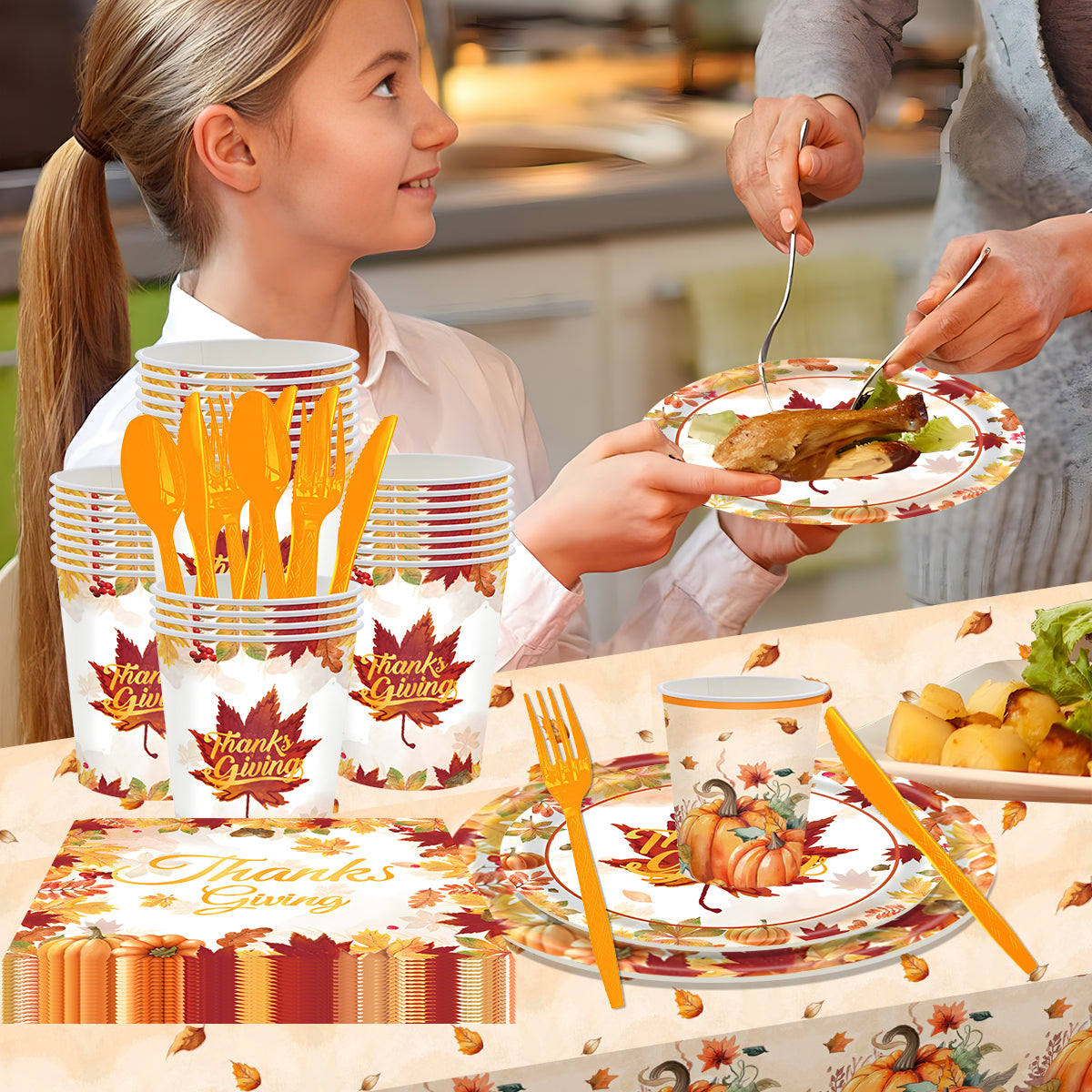 Fall Thanksgiving Paper Plates for Party Supplies Decoration Pumpkin Maple Leaf Napkins Tablecloth Banner Disposable Dinnerware for Autumn Harvest Table Decor Serve 24 Design3