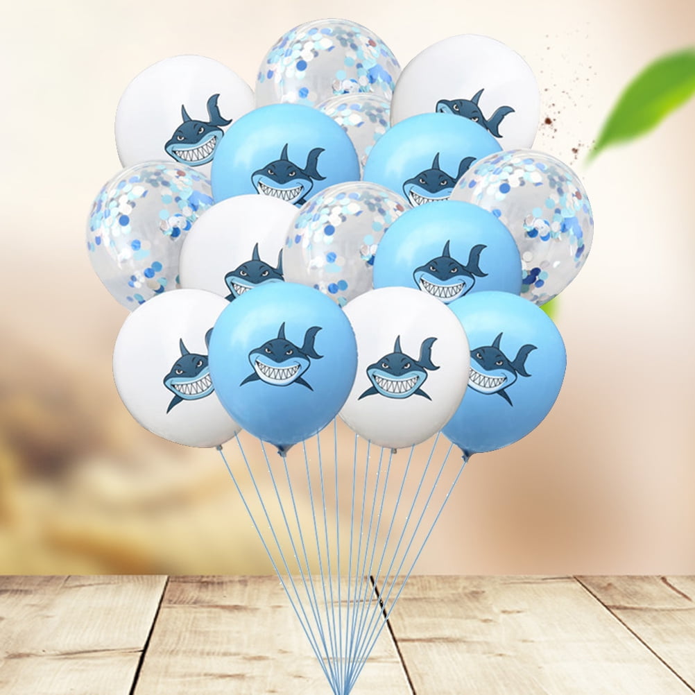 Yongwei party latex balloons 15pcs 12 Inch Shark Printed Balloons Sequins Balloons Party Supplies without Ribbon (5pcs White+5pcs Blue+5pcs Blue Confetti)