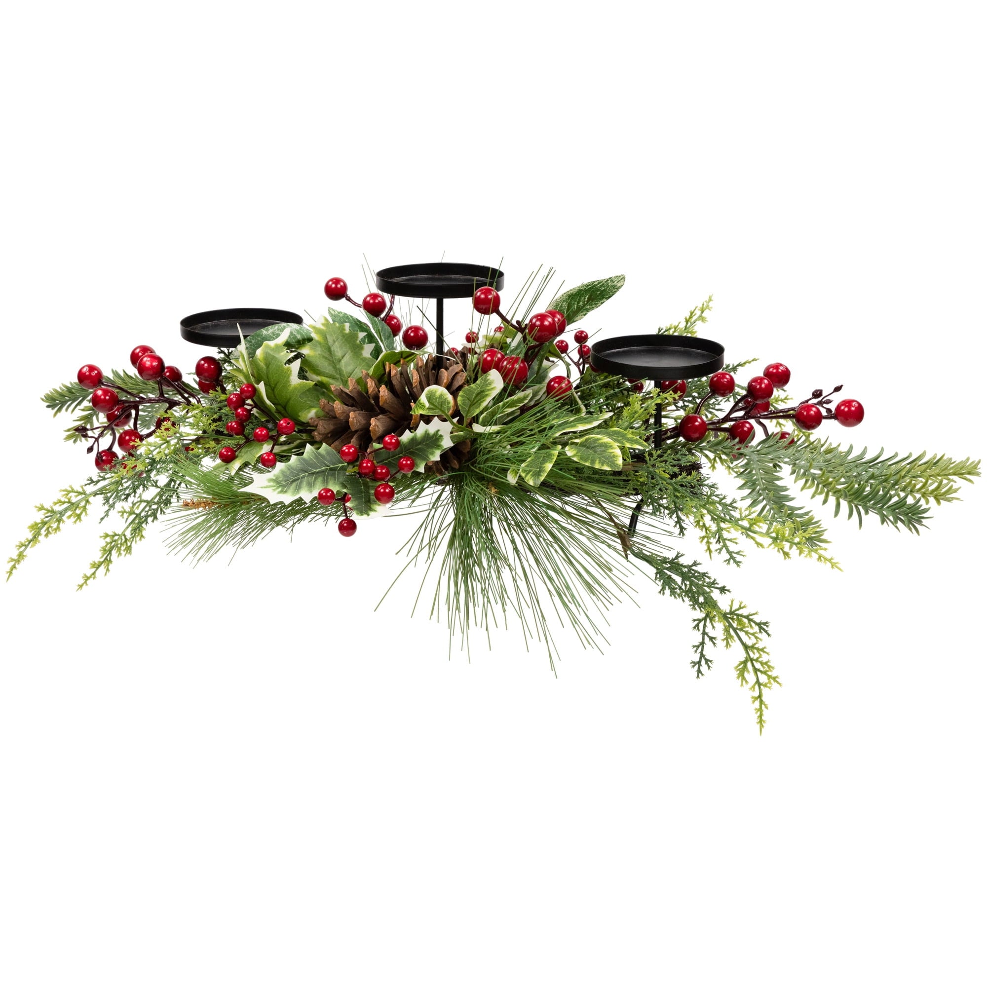 Northlight Holly and Berries Christmas Pillar Candle Holder with Pine Cones - 28"