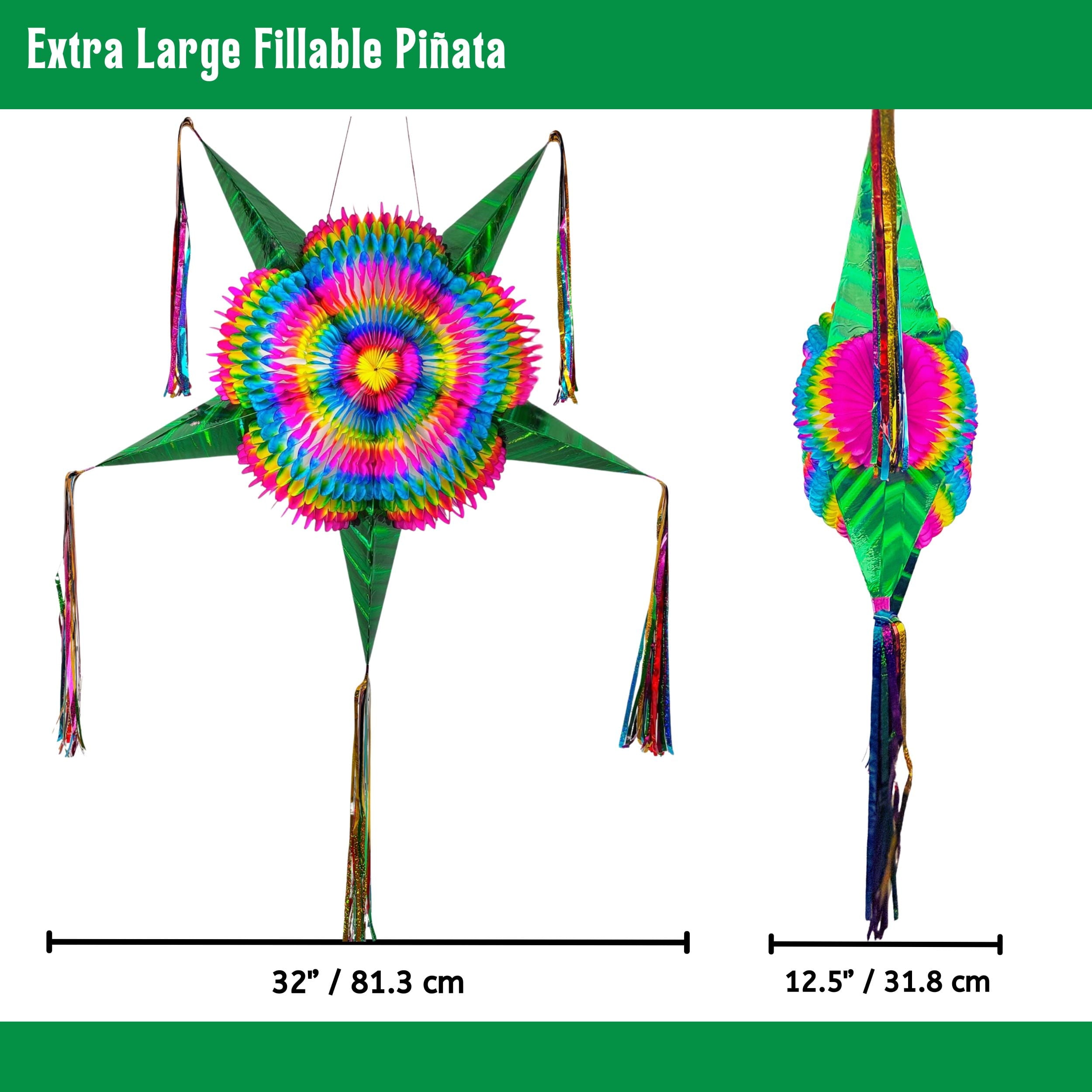 Extra Large 32-Inch Mexican Star Pinata, Rainbow Multicolor with Green Cones, 25ft Rope