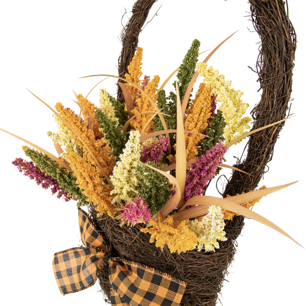 Northlight Autumn Harvest Hanging Basket with Artificial Foliage and Checkered Bow - 22"