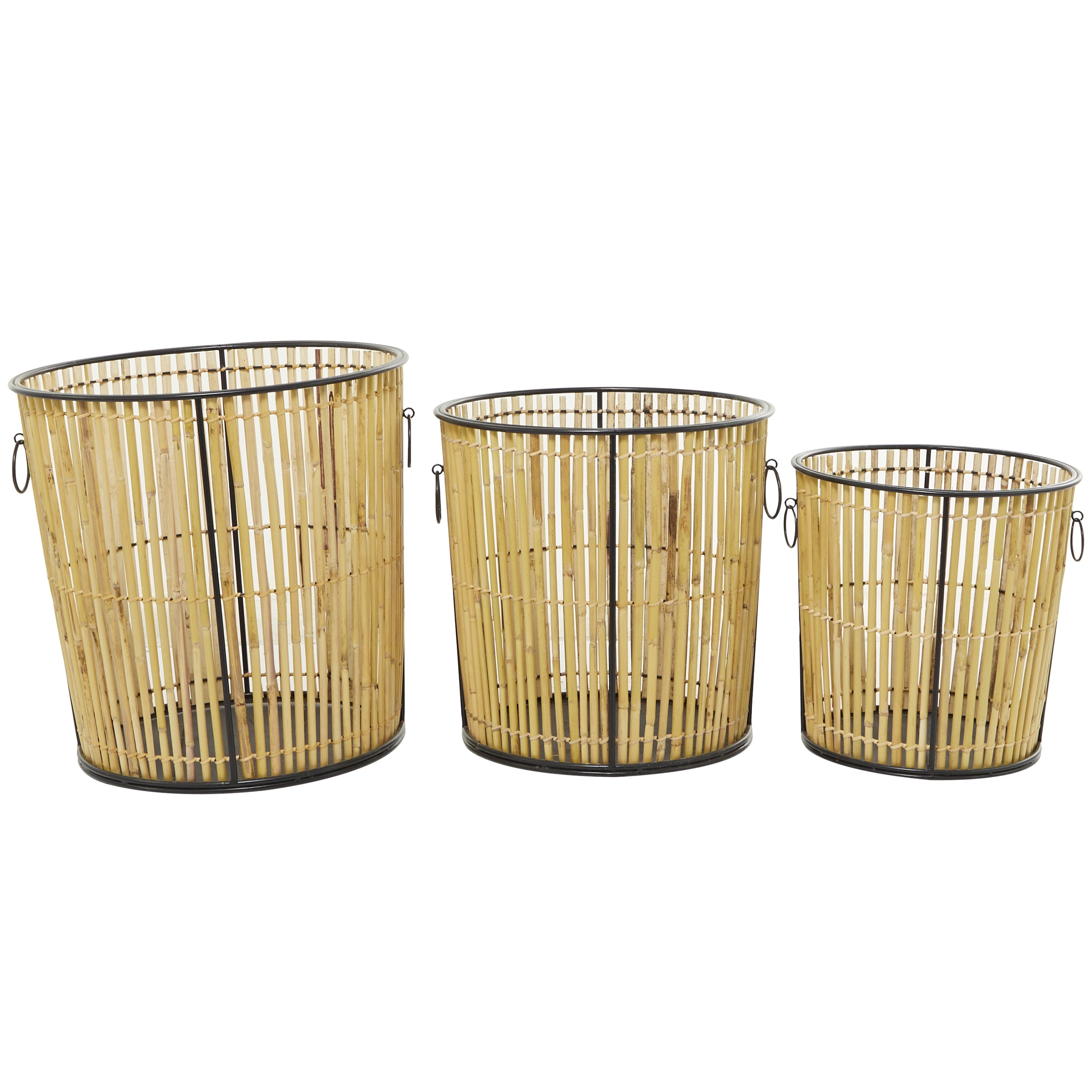 DecMode 20", 18", 15"H Light Brown Rattan Handmade Slatted Frame Storage Basket with Ring Handles, 3-Pieces