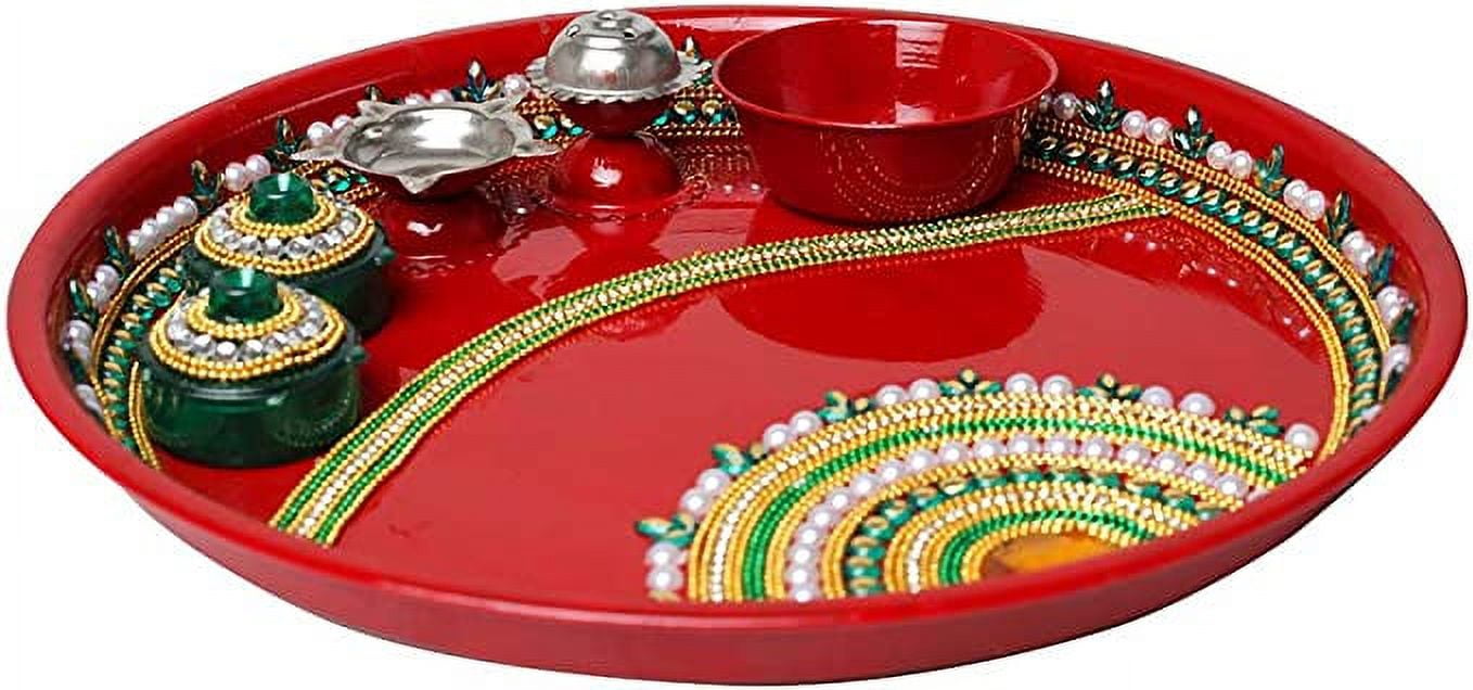 Handcrafted Red Pooja Thali Platter Engagement Plate Decorative Steel Thali with Essential Articles Attached ,for Aarti Pooja Rituals Festival Wedding Decorations &Gifting (Size- 9")