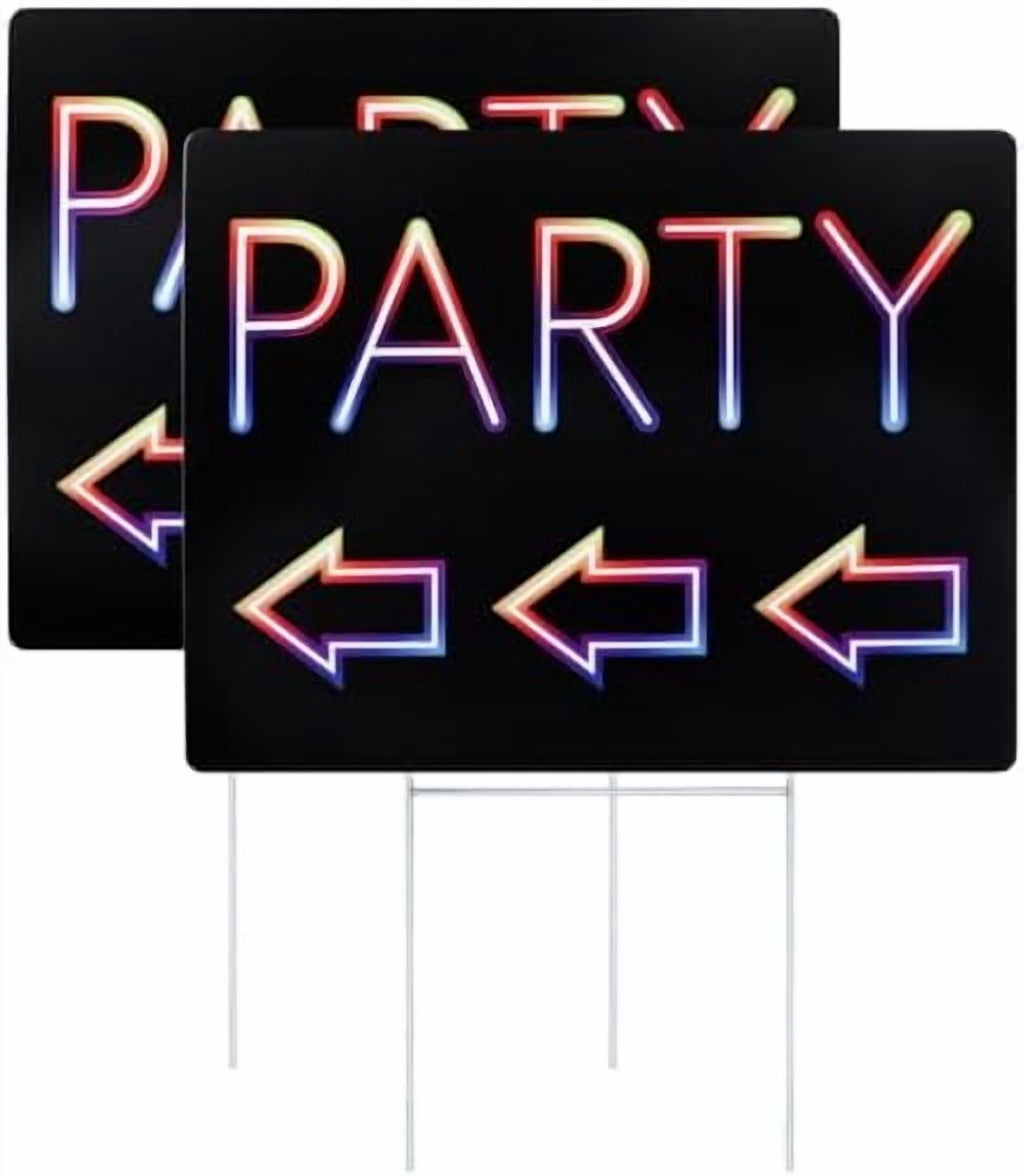 Double-Sided Party Signs 17 x 13'' With Metal H Stakes - Waterproof Corrugated Plastic Birthday Direction Signs - This Way Arrow  (2 Packs)