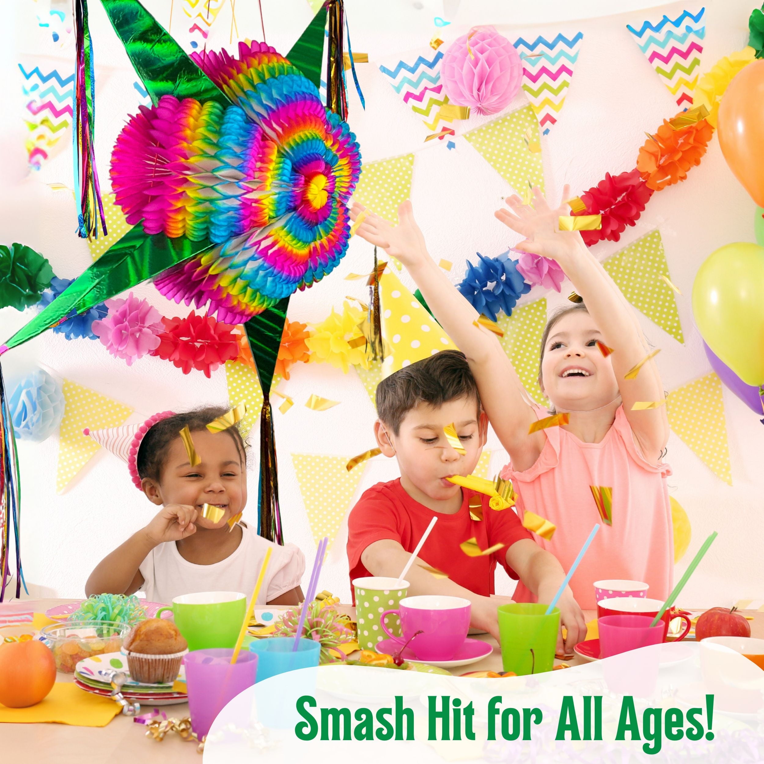 Extra Large 32-Inch Mexican Star Pinata, Rainbow Multicolor with Green Cones, 25ft Rope