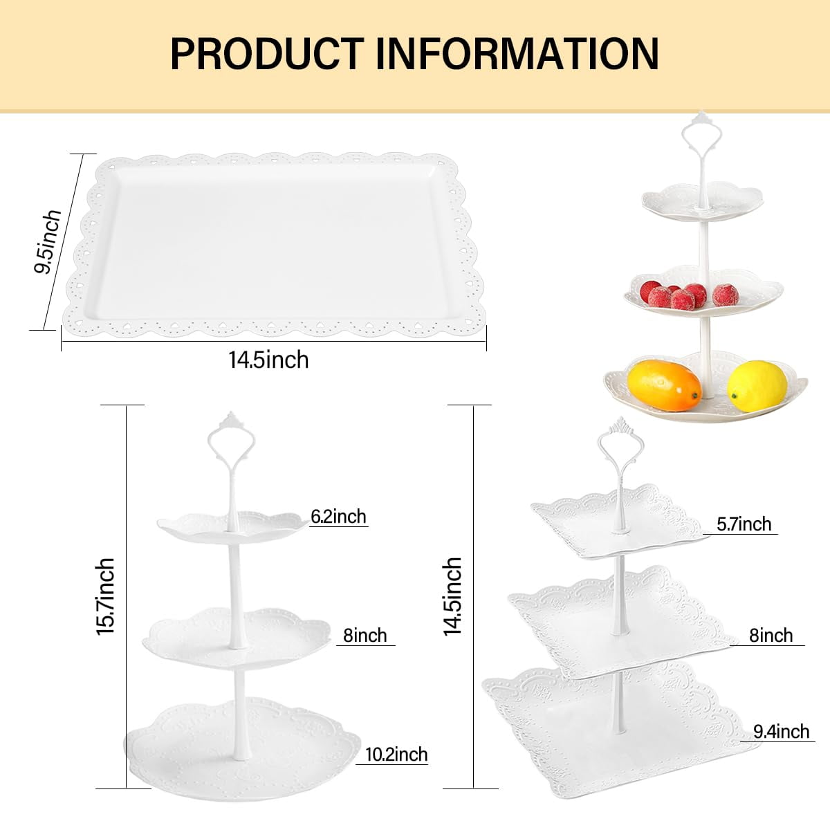 YMWVH 10-Piece White Plastic Cake Stand Set - 4 Tiered Cupcake Displays (3-Layer) & 6 Dessert Trays, Dessert Table Serving Racks for Weddings, Birthdays, Baby Showers & Tea Parties