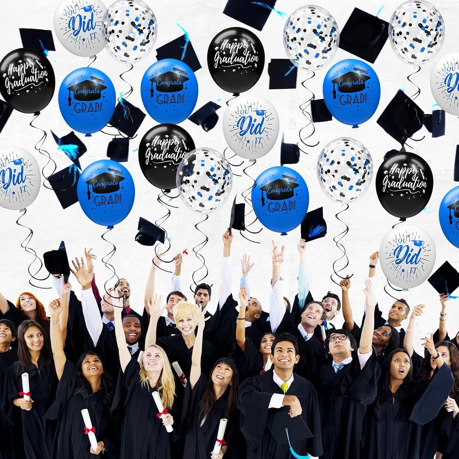 80 Pack Blue And Black Graduation Balloons Class Of Graduation Decorations - 12 Inch Royal Blue White Congrats Grad Balloons With Ribbons, Grad Party Decorations For College, High School