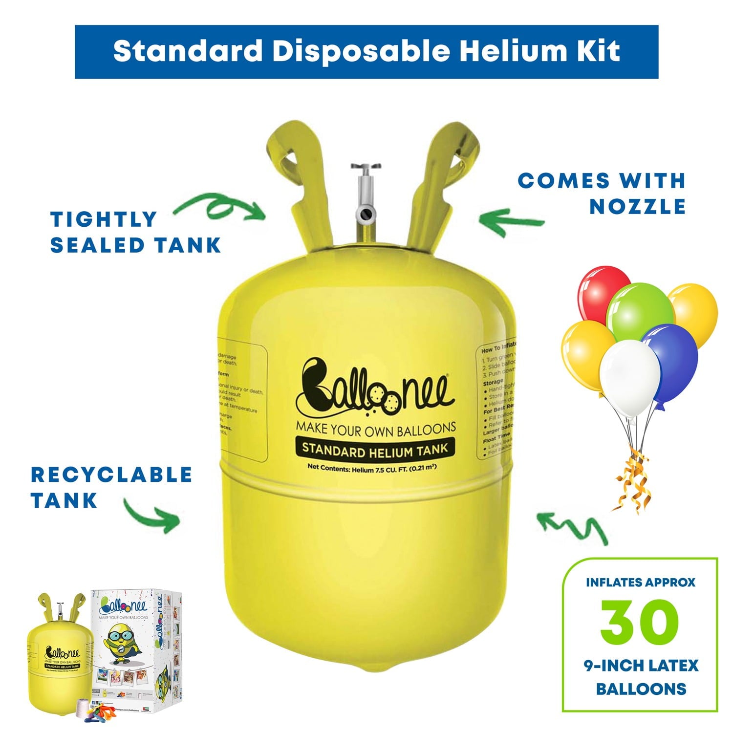 Balloonee Standard Disposable Helium Party Kit, Helium Tank for Balloons At Home, 7 Cu Ft Helium Balloon Pump Kit with 30 Assorted Latex Balloons