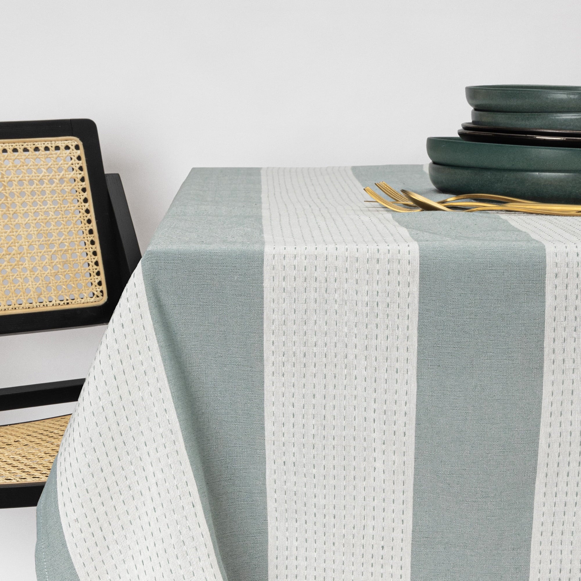 (2 pack) Thyme & Table 102" Rectangle Tablecloth, Green and White with Black Tassels