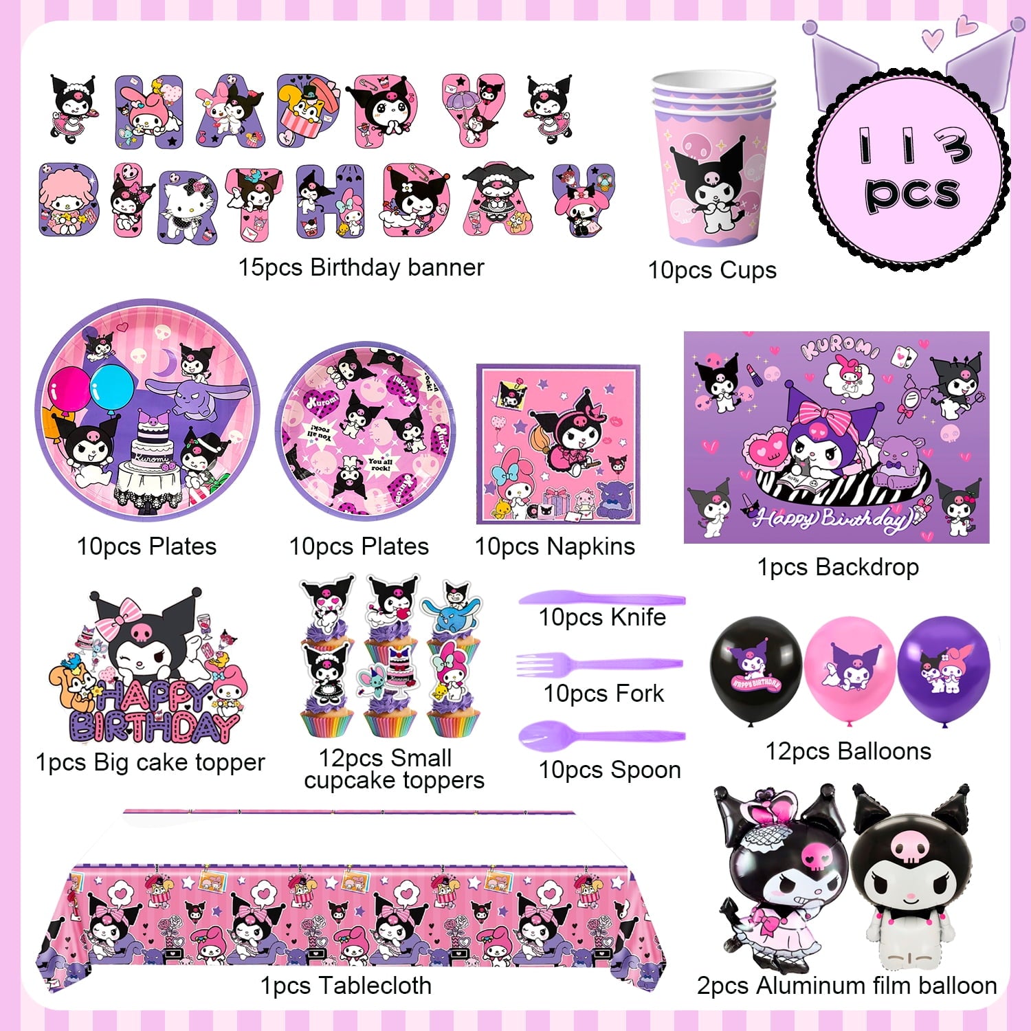 Kuromi Birthday Decorations Supplies,113 Pcs Kuromi Birthday Party Supplies Kit - Kuromi Birthday Plates Cups Napkins Tablecloth & Kuromi Balloons Banner etc Kuromi Party Decorations