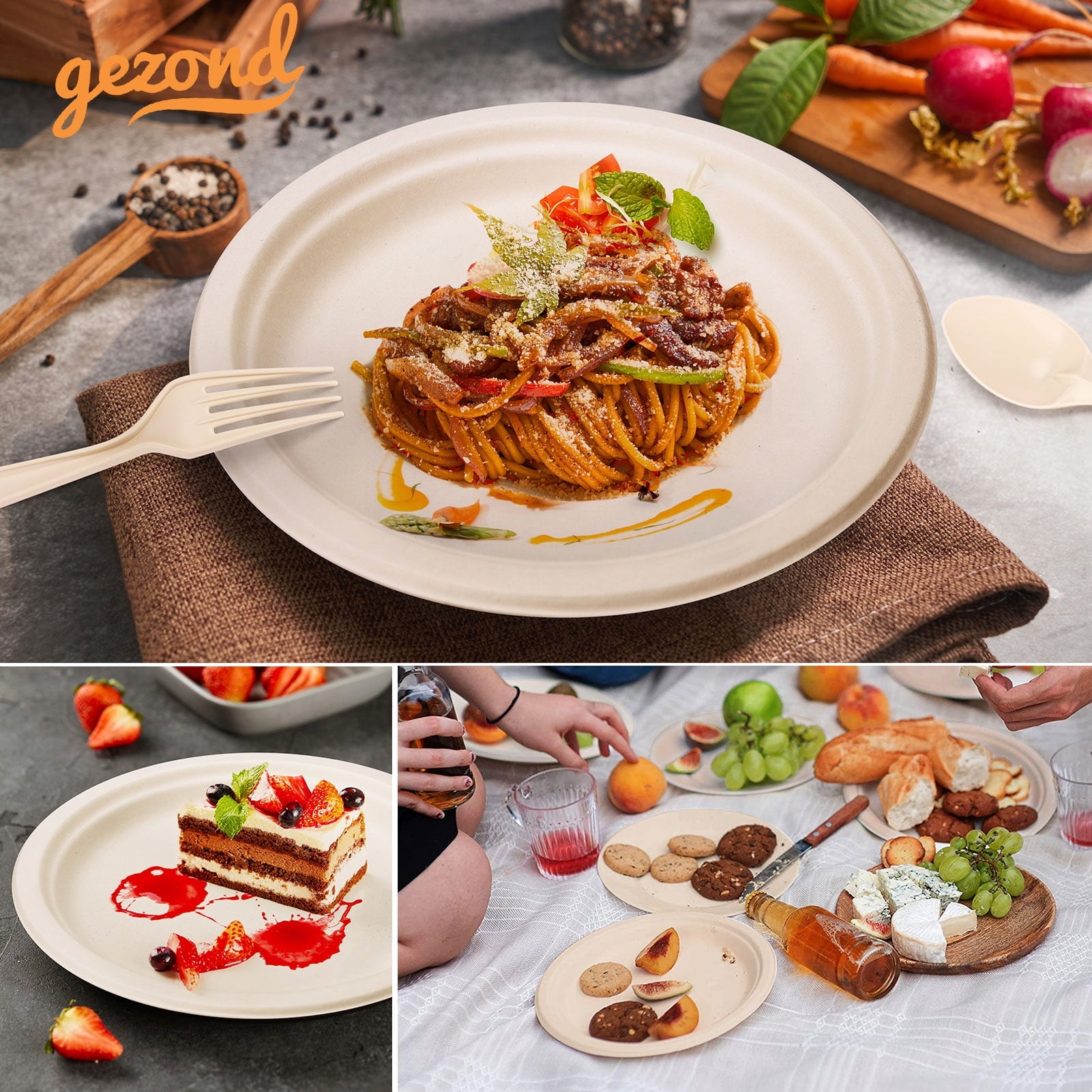 Gezond 250Pcs Disposable Paper Plates Set, Compostable Plate Sugarcane Utensils Eco Friendly Dinnerware Kit Includes 50 Biodegradable Plates, Forks, Knives and Spoons
