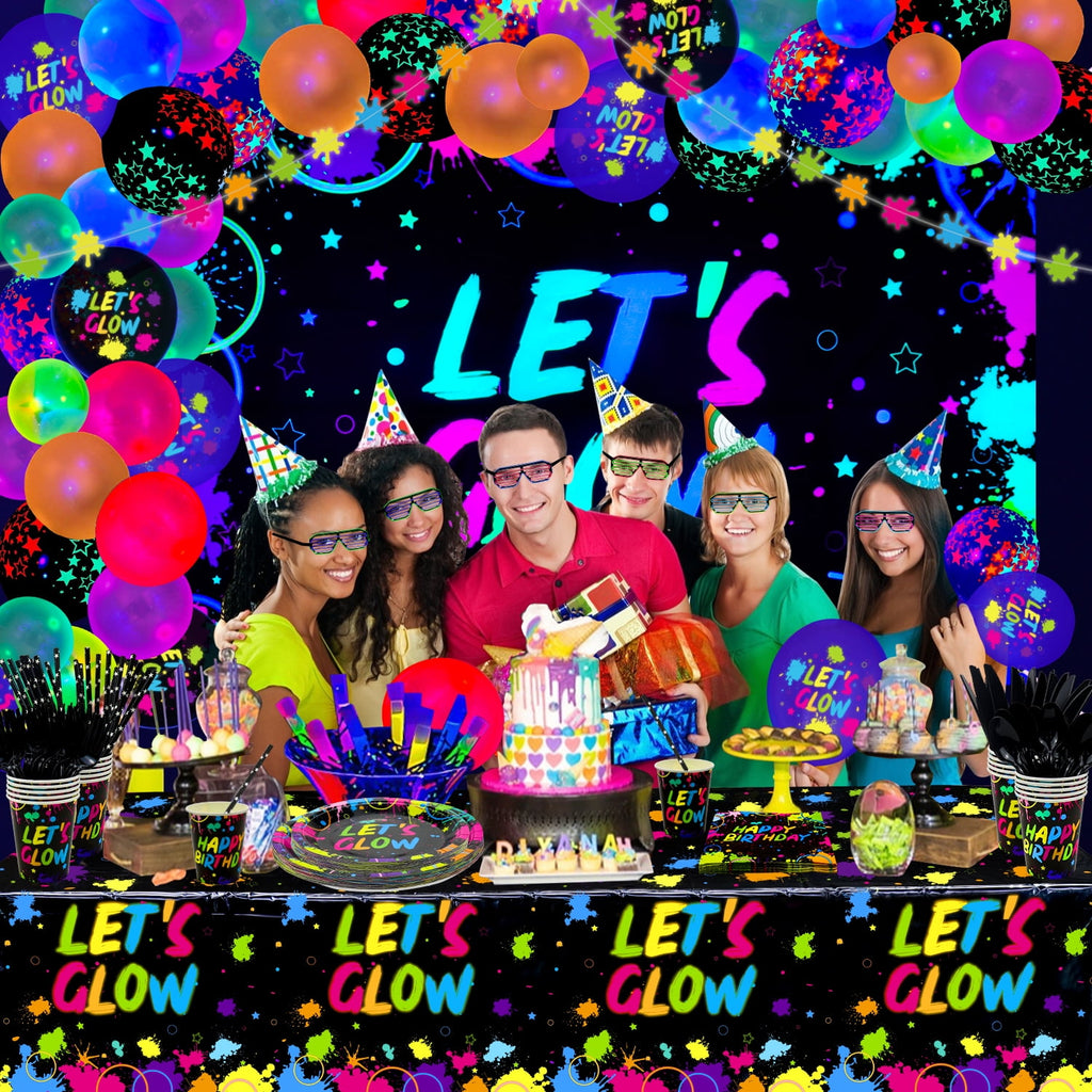 44 Pieces Glow Neon Party Supplies - Neon Balloons, Glow in the Dark LET'S GLOW Backdrop Banner, Garlands, Tablecloth, Plates, Napkins, and Cup for Blacklight Party Decorations, Serve 20 Guests