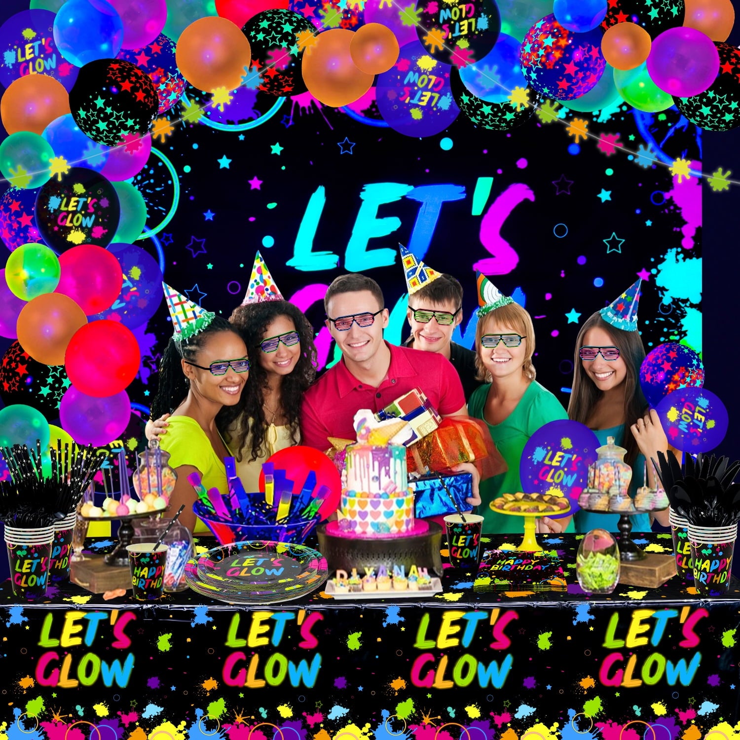 44 Pieces Glow Neon Party Supplies - Neon Balloons, Glow in the Dark LET'S GLOW Backdrop Banner, Garlands, Tablecloth, Plates, Napkins, and Cup for Blacklight Party Decorations, Serve 20 Guests