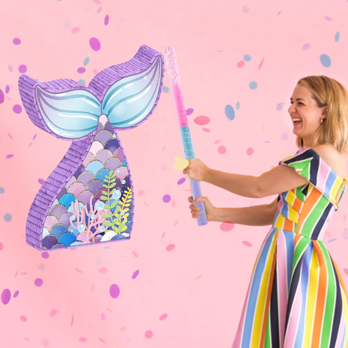 Mermaid Pinata,Mermaid Party Supplies, Mermaid Tail Pinata with Plastic Bat and Paper Blindfold for Kids Ocean Theme Party Game Carnival Activity Decoration (16.1''X12.4''X2.9'')