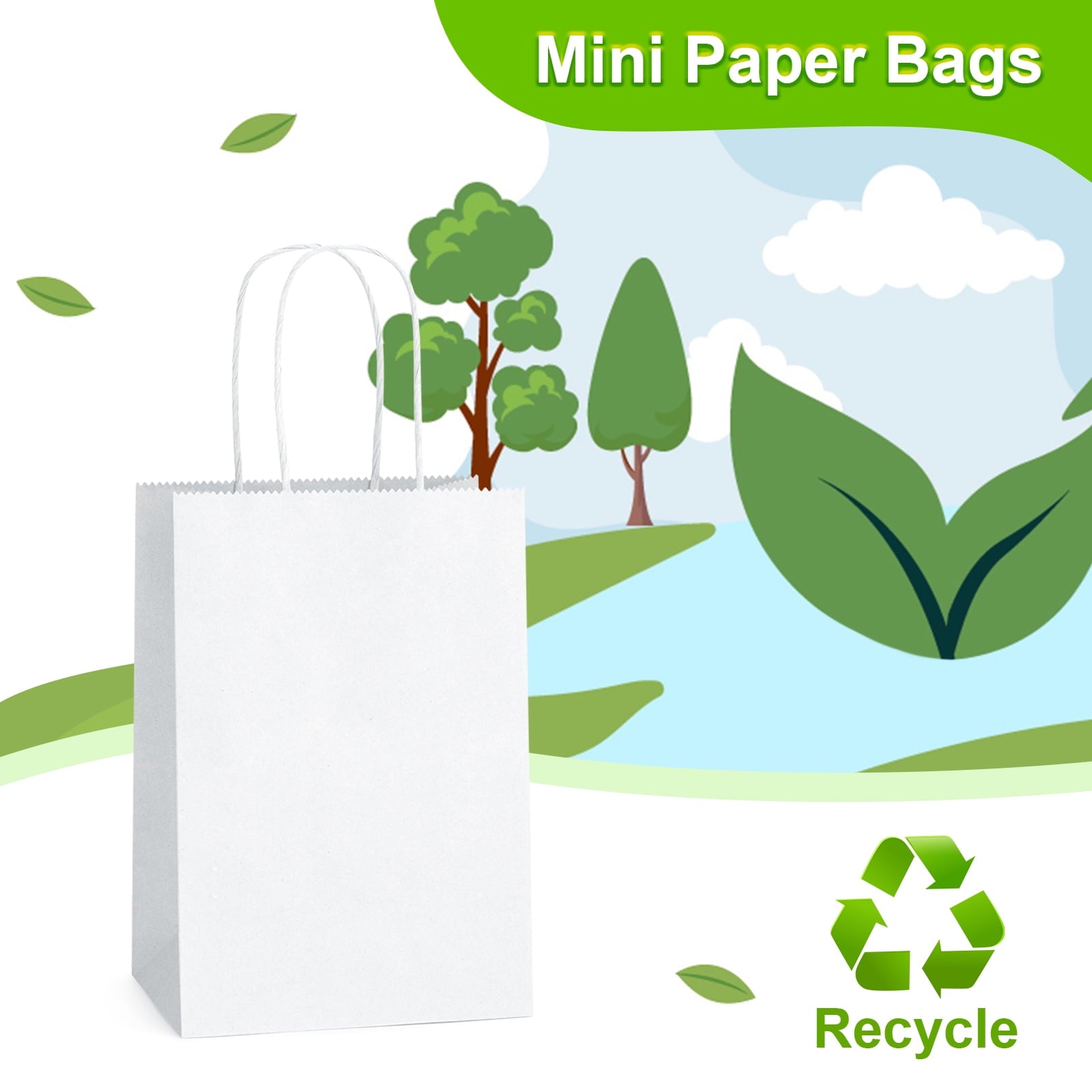 BagDream 100 Pack White Gift Bags with Handle, 5.25x3.75x8" Small Kraft Paper Bags for Birthday Wedding Party Favors Grocery Retail Business