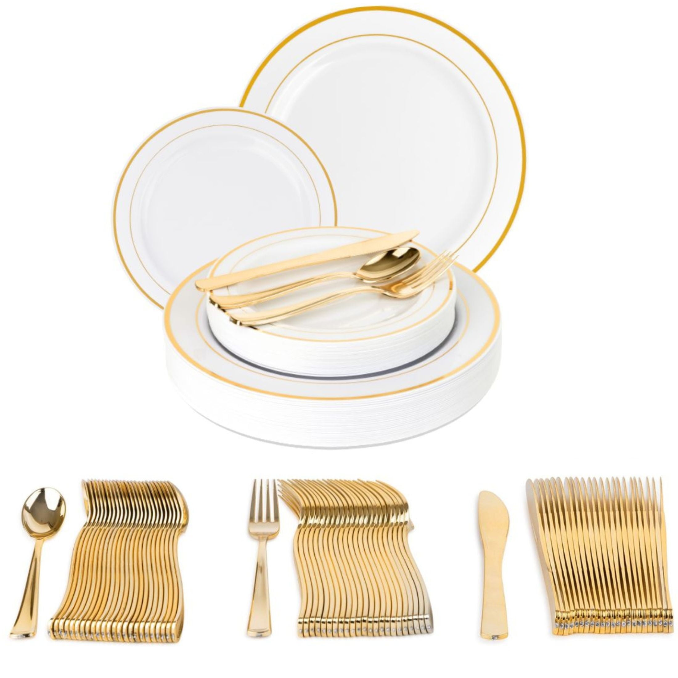 Impresserve Elegant Gold Disposable Plastic Dinnerware Set - 125 Pieces with Plates and Utensils for 25 Guests