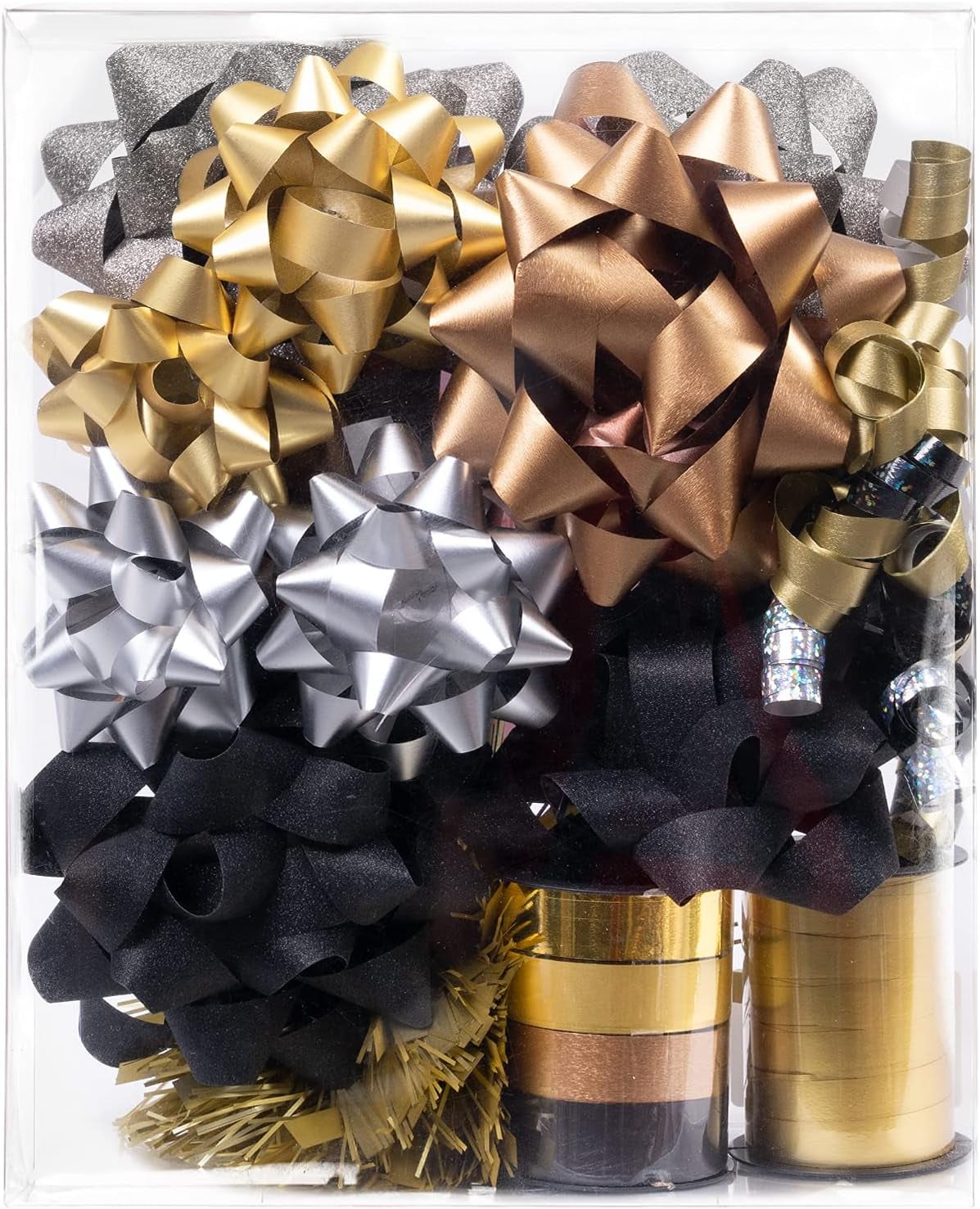 14 Pcs Gift Bows Assortment - 10 Multi Colored Assorted Size Gift Bows(Black, Gold, Silver, Old Gold), 2 Crimped Curling Ribbons, 1 Curly Bow, 1 Tinsel Bow for Christmas and New Year