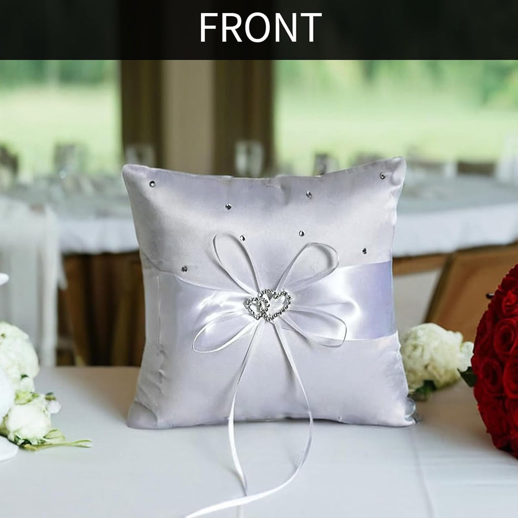 Ring Bearer Pillow, White Satin with Crystal Hearts Ring Cushion, Ring Holder Box, Rhinestone Accents for Beach Wedding Ceremony Proposal Party-7.8 x7.8 '' White Square B-7.8 x7.8 ''