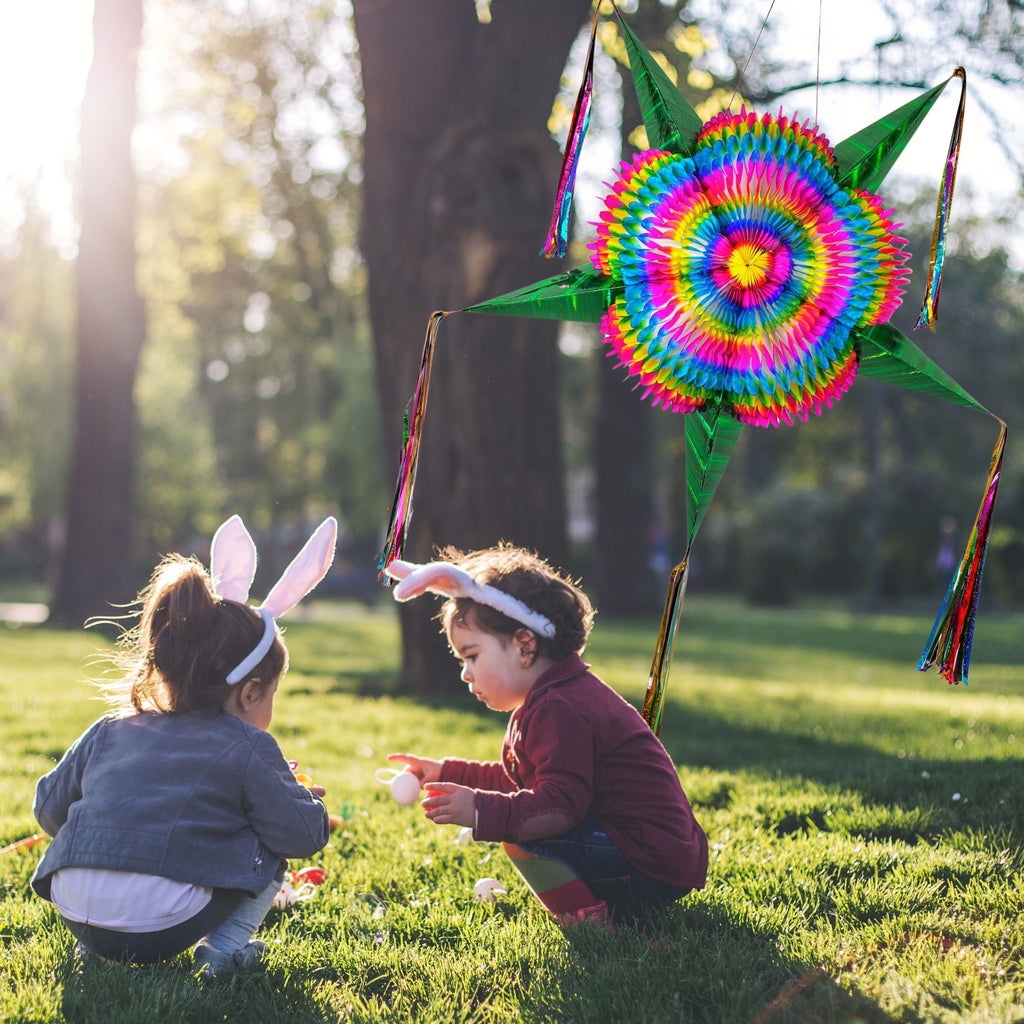 Extra Large 32-Inch Mexican Star Pinata, Rainbow Multicolor with Green Cones, 25ft Rope