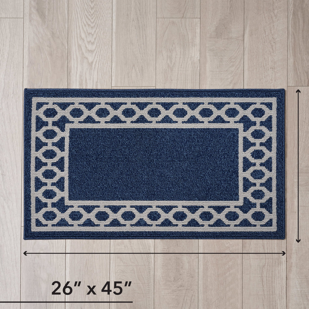 Washable Skid-Resistant Runner Rug, Trellis Border , Denim Twist and Light Grey , 26" x 45"