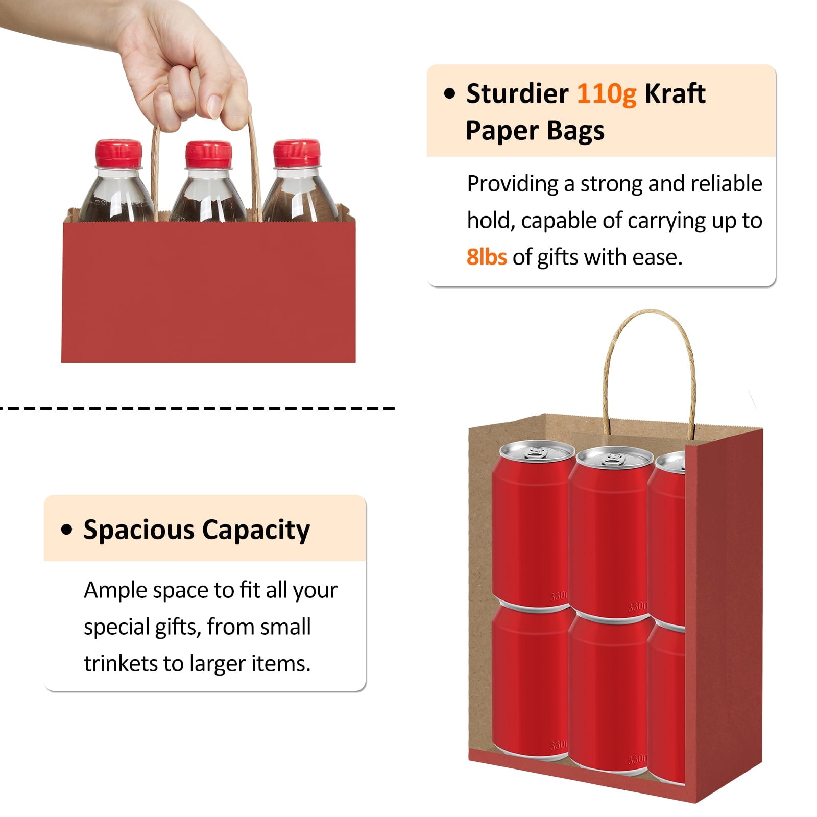 BagDream 100 Pack Red Gift Bags with Handles Medium Paper Treat Bags for Birthday, Christmas, Valentine's Day & Wedding, 8x4.25x10.5inches