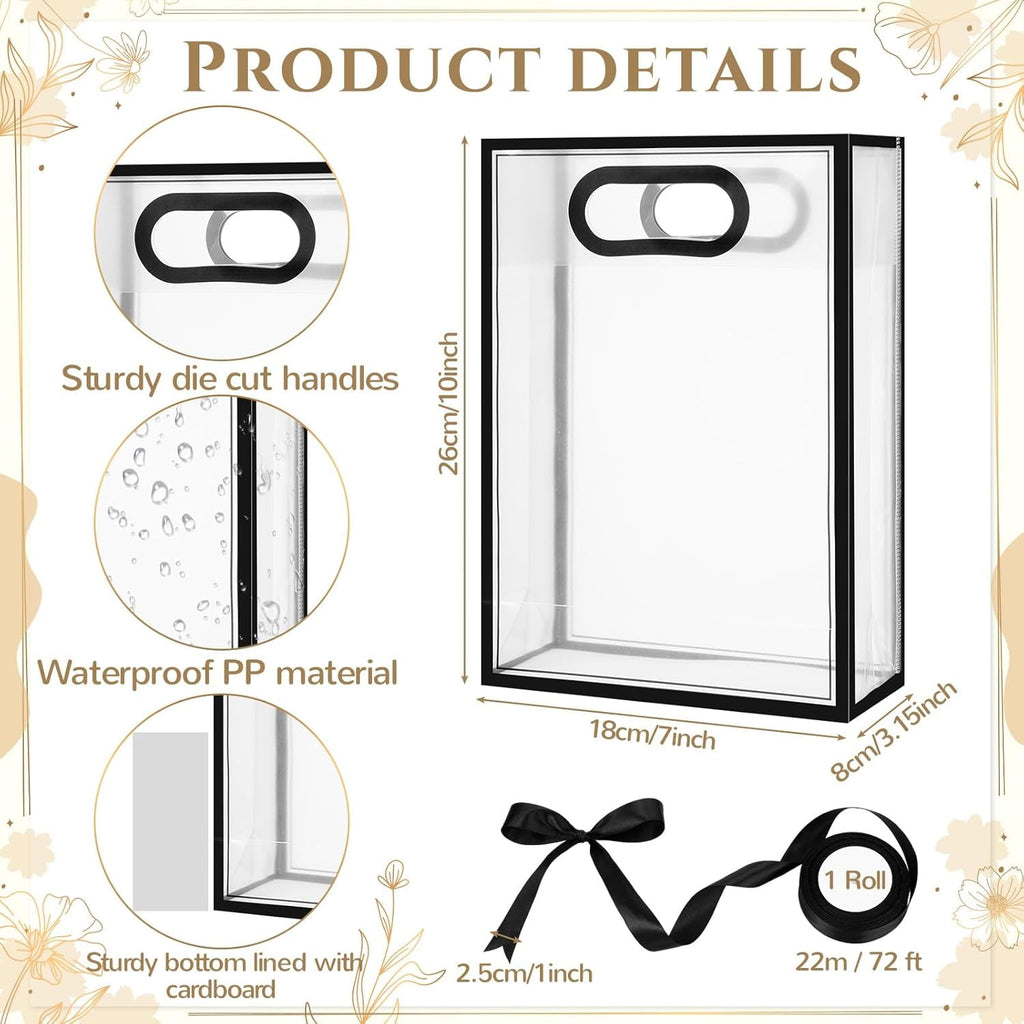 12 Pcs Clear Plastic Gift Bag with Die Cut Handles Reusable PP Favor Bag with Ribbon for Wedding Bridal Christmas Birthday Party Baby Shower Shopping Business, 7x10x3.15 Inch(Black)