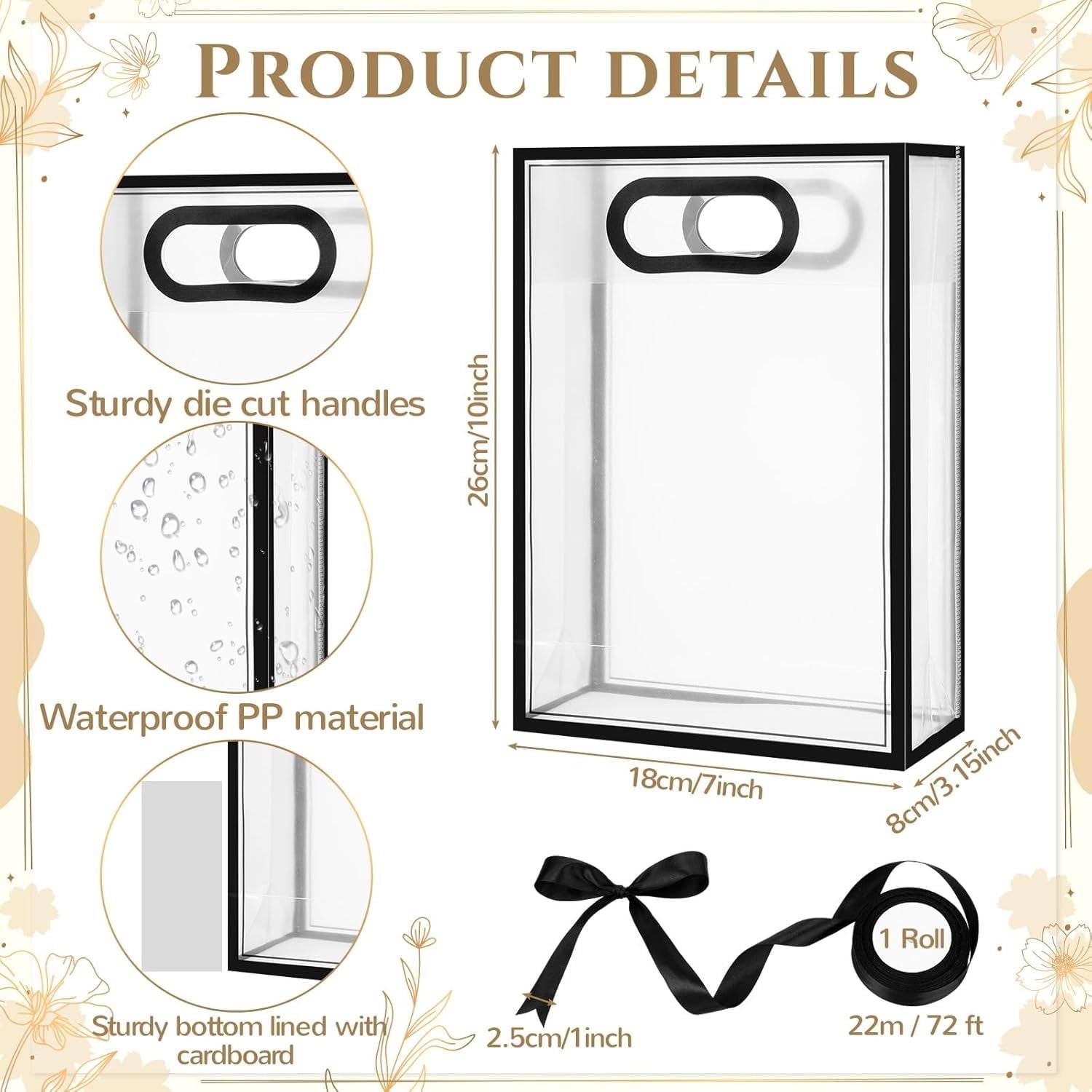 12 Pcs Clear Plastic Gift Bag with Die Cut Handles Reusable PP Favor Bag with Ribbon for Wedding Bridal Christmas Birthday Party Baby Shower Shopping Business, 7x10x3.15 Inch(Black)