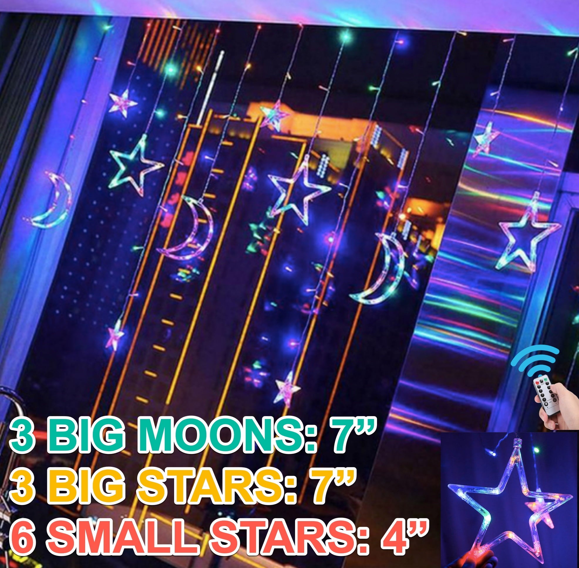 Ramadan Decor 138 LED Curtain Light Moon Star Birthday Office Restaurant decor LED Curtain Style Fairy Lights with USB  Battery and Remote Control 12 Legs of Moon/Star (LED) ~6ft wide