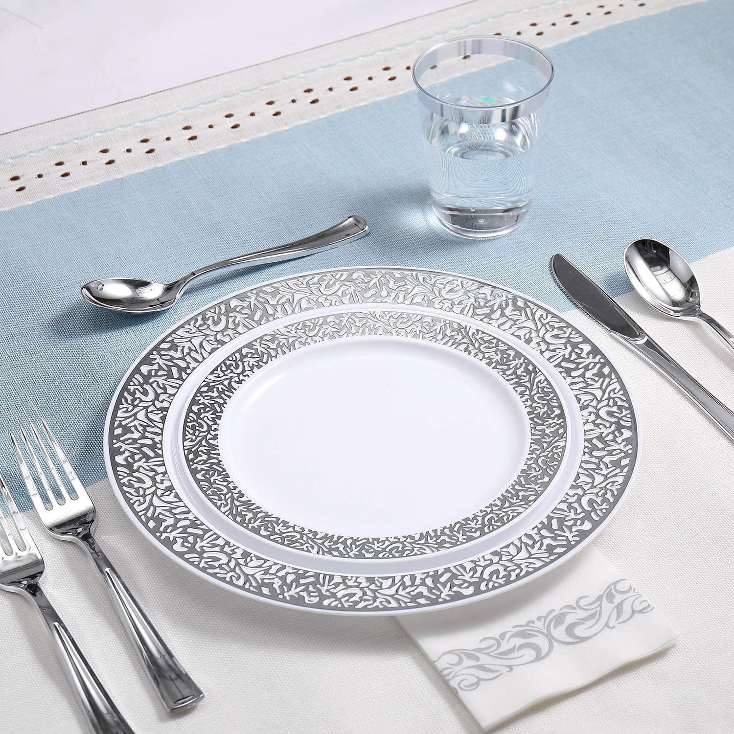 175 Piece Silver Dinnerware Set 25 Guest-50 Silver Lace Plastic Plates-25 Silver Plastic Silverware-25 Silver Plastic Cups-25 Linen Feel Silver Paper Napkins, FOCUSLINE Disposable Dinnerware Set