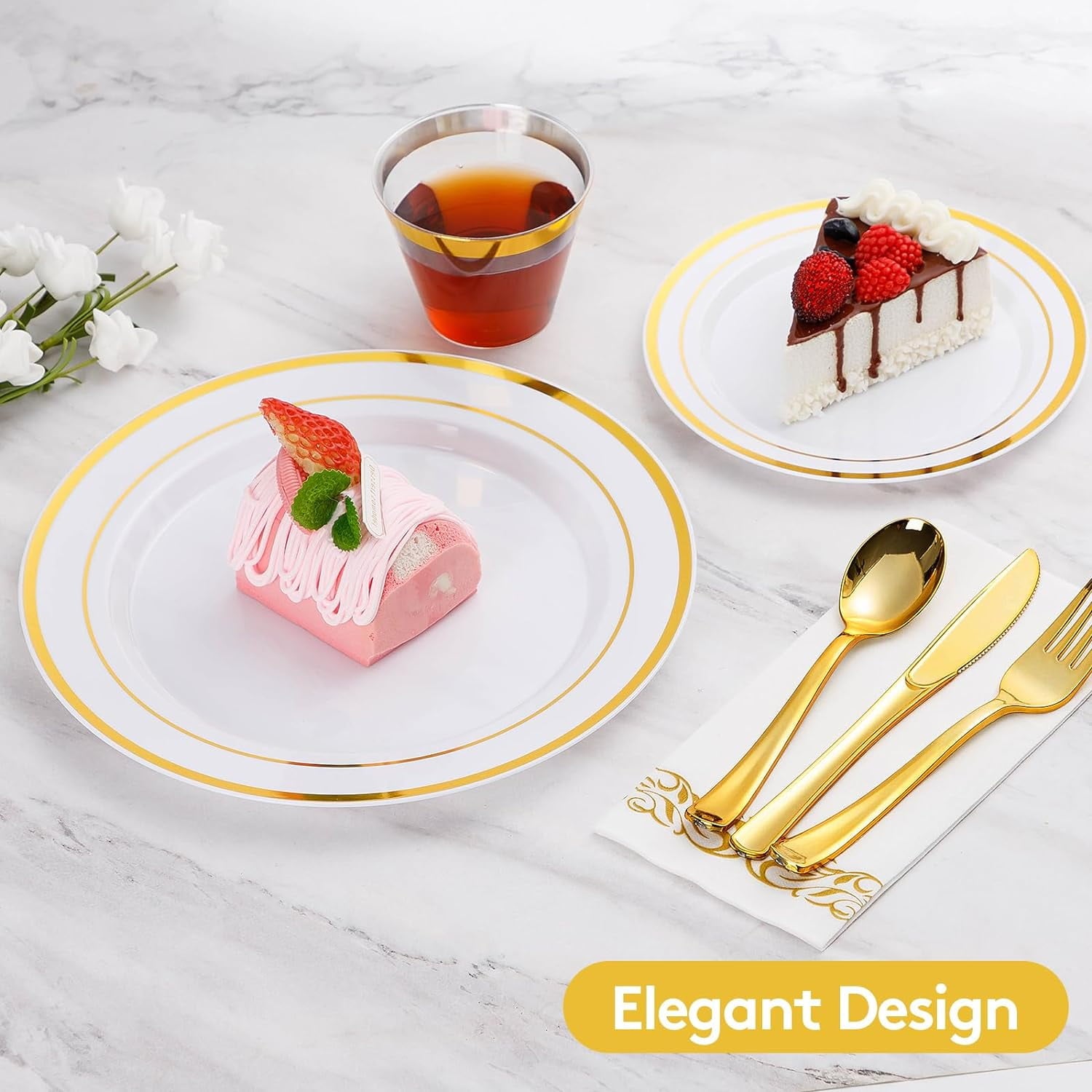 Frsuoak 350 Piece Gold Dinnerware Set for 50 Guests, Plastic Plates Disposable for Party, Include: 50 Gold Rim Dinner Plates, 50 Dessert Plates, 50 Paper Napkins, 50 Cups, 50 Gold Silverware Set