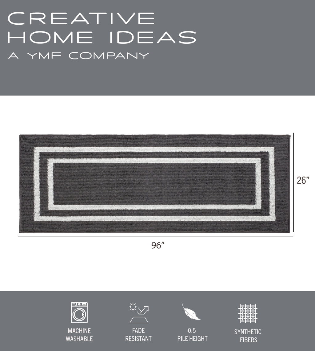 Washable Skid-Resistant Runner Rug, Border, Dark Grey and White, 26" x 96"