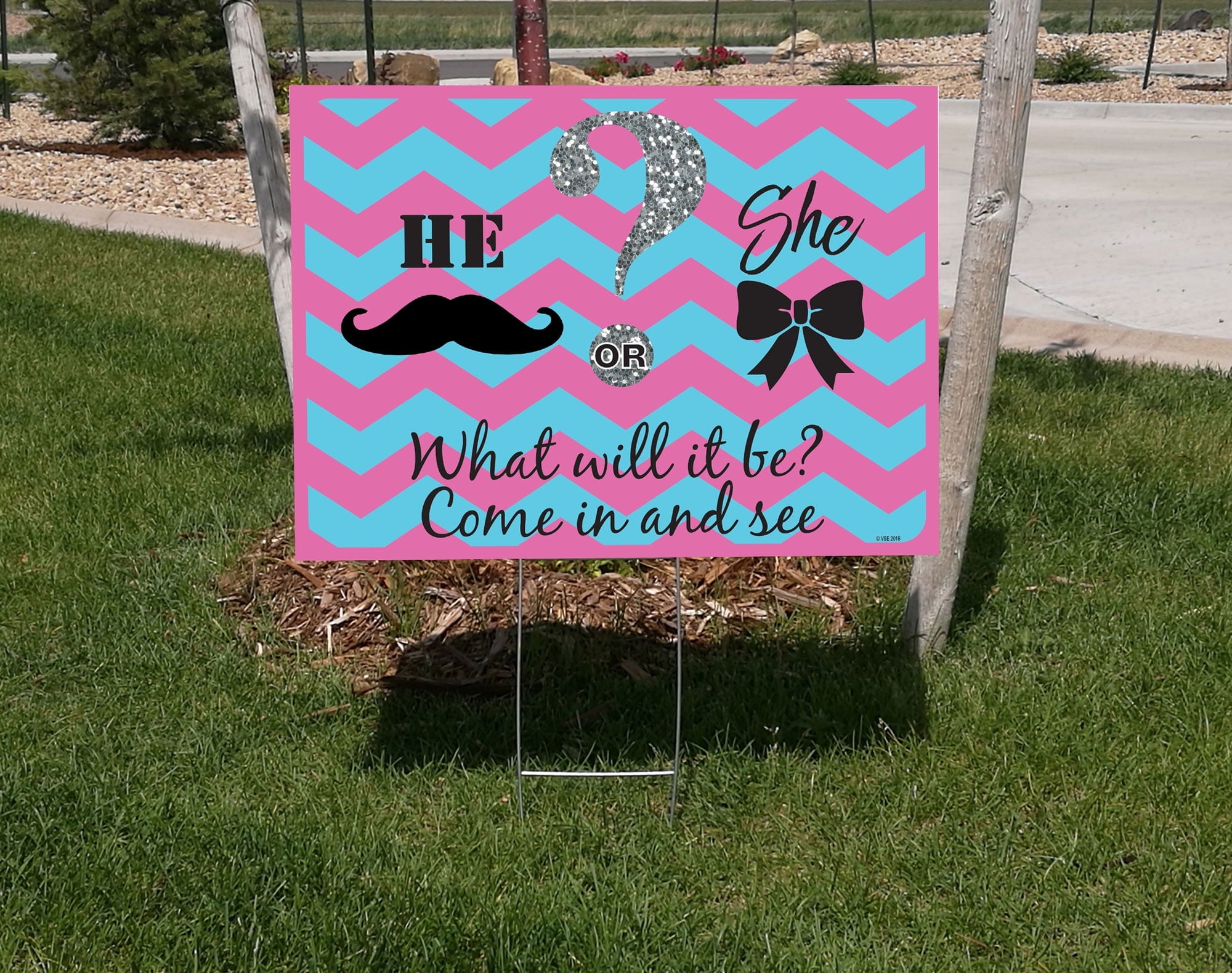 18x24 "Gender Reveal Party" double sided lawn sign kit with 6x24 H-stakes. Brightly colored Pink, Blue, Black and Silver on white 'He or She?" sign with Directional Arrow sign included