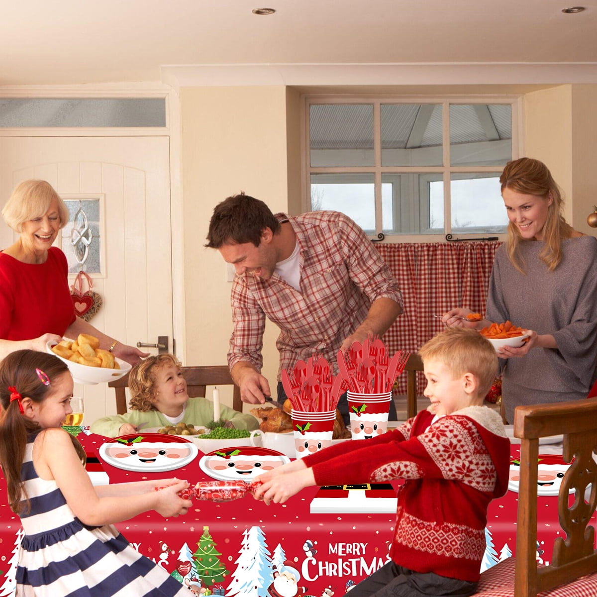 Christmas Paper Plates Dinnerware Santa Clous Christmas Party Supplies Decorations  Kids Disposable Dishes Napkins Tablecloth Serve 24 Design1