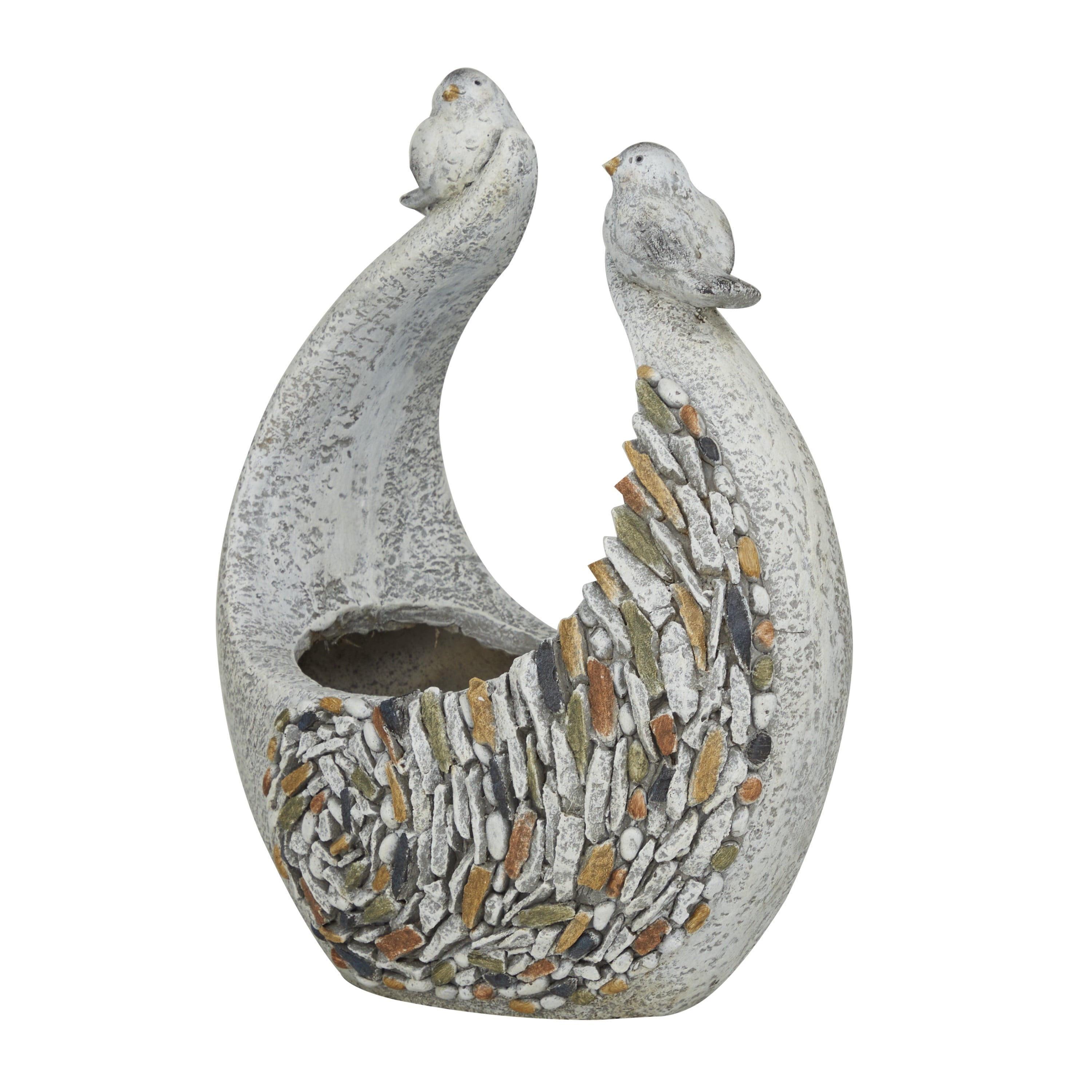 DecMode 14" x 15" Indoor Outdoor Gray Fiberglass Bird Planter with Stone Mosaic Design