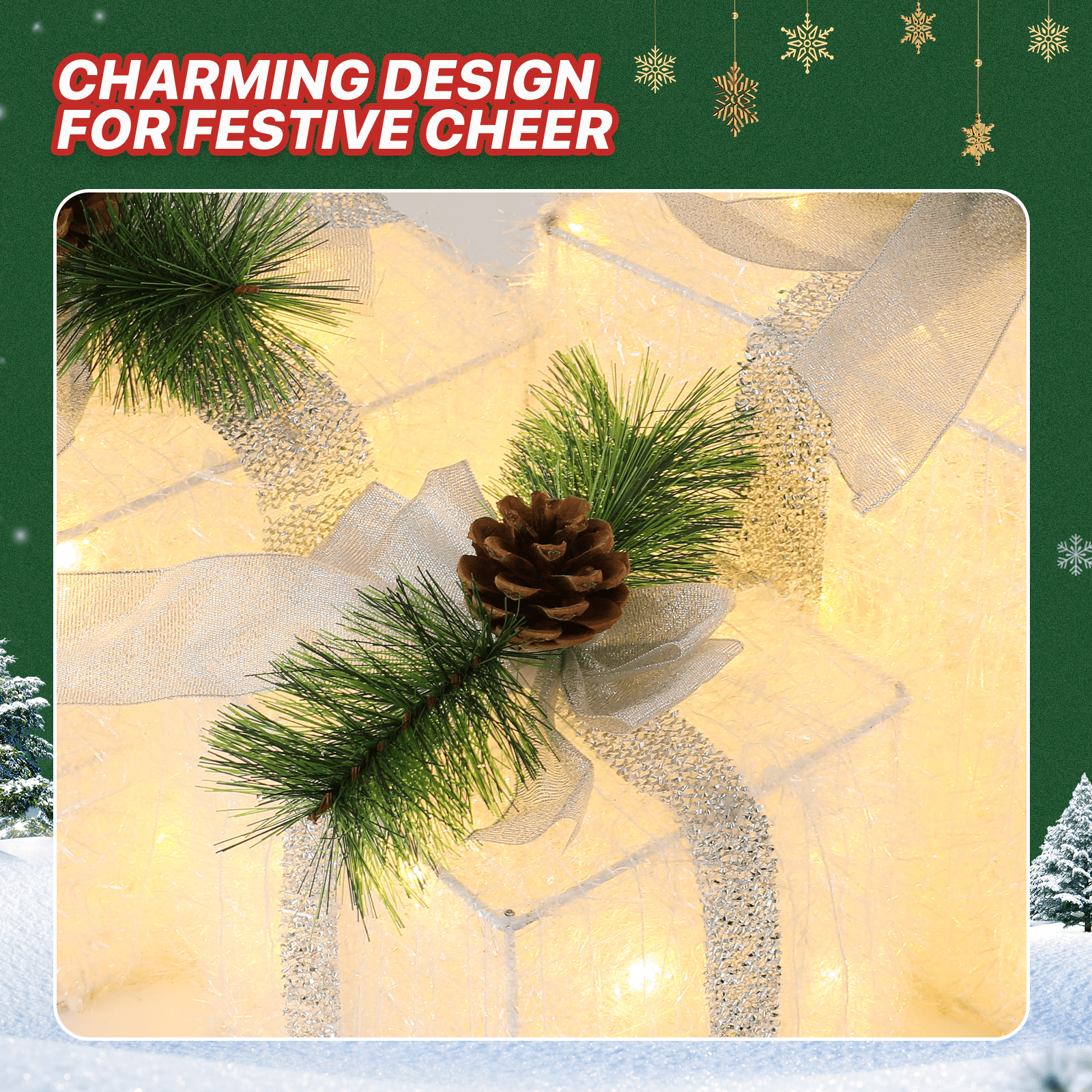 mollie Set of 3 Christmas Lighted Gift Boxes, Plug-in LED Light up Xmas Present Boxes Ornaments for Outdoor Indoor Christmas Tree Yard Holiday Party Favors Home Decor, White