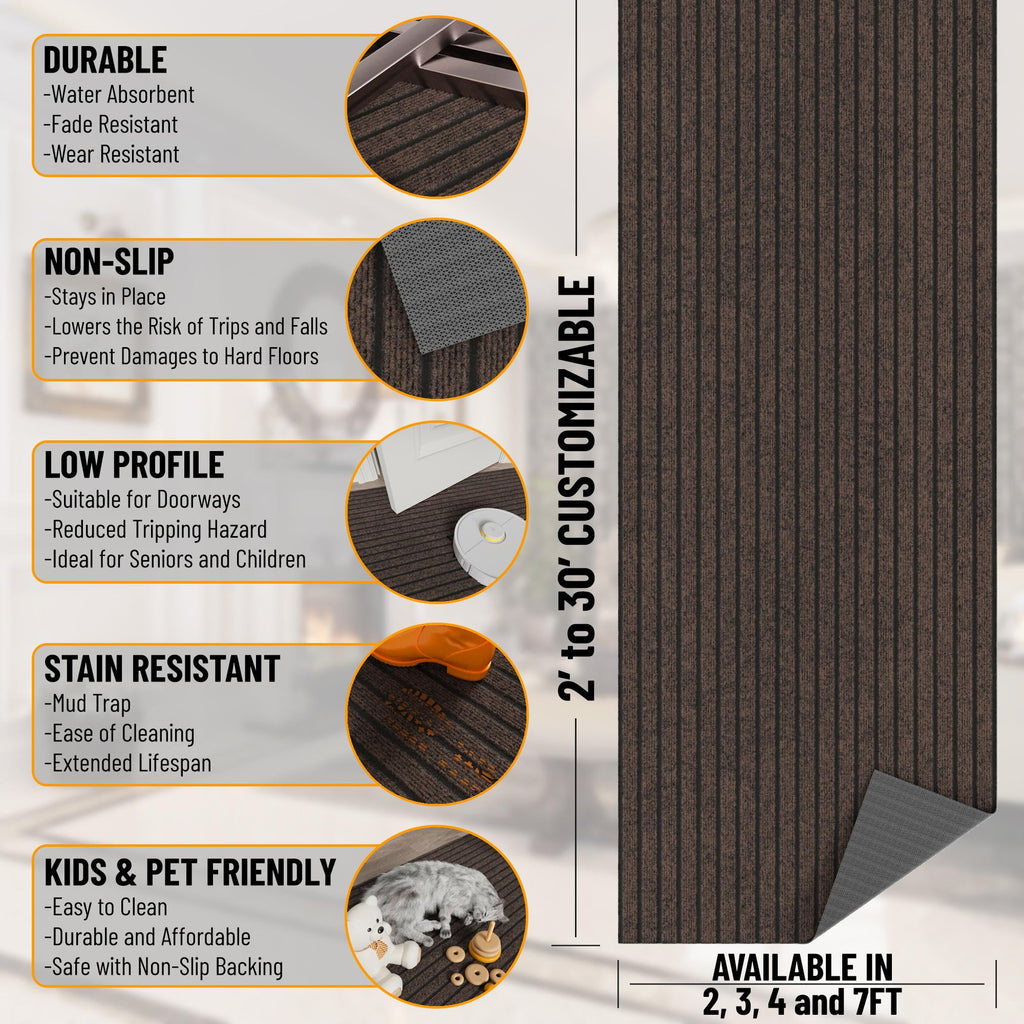 Ottomanson Non-Slip Hallway Runner Rug 2' x 9' Indoor/Outdoor Custom Size Utility Carpet for Garage, Brown Ribbed
