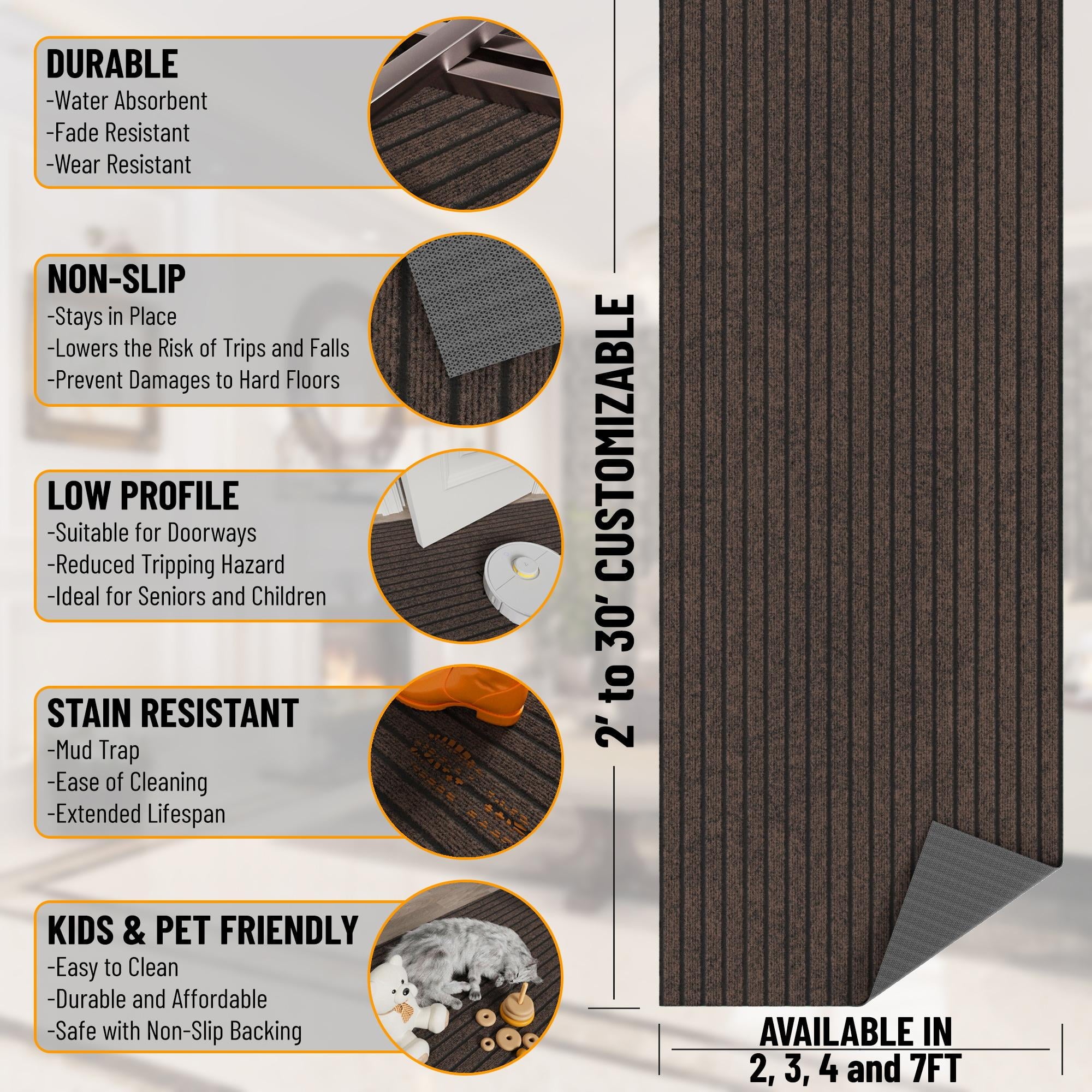 Ottomanson Non-Slip Hallway Runner Rug 2' x 9' Indoor/Outdoor Custom Size Utility Carpet for Garage, Brown Ribbed