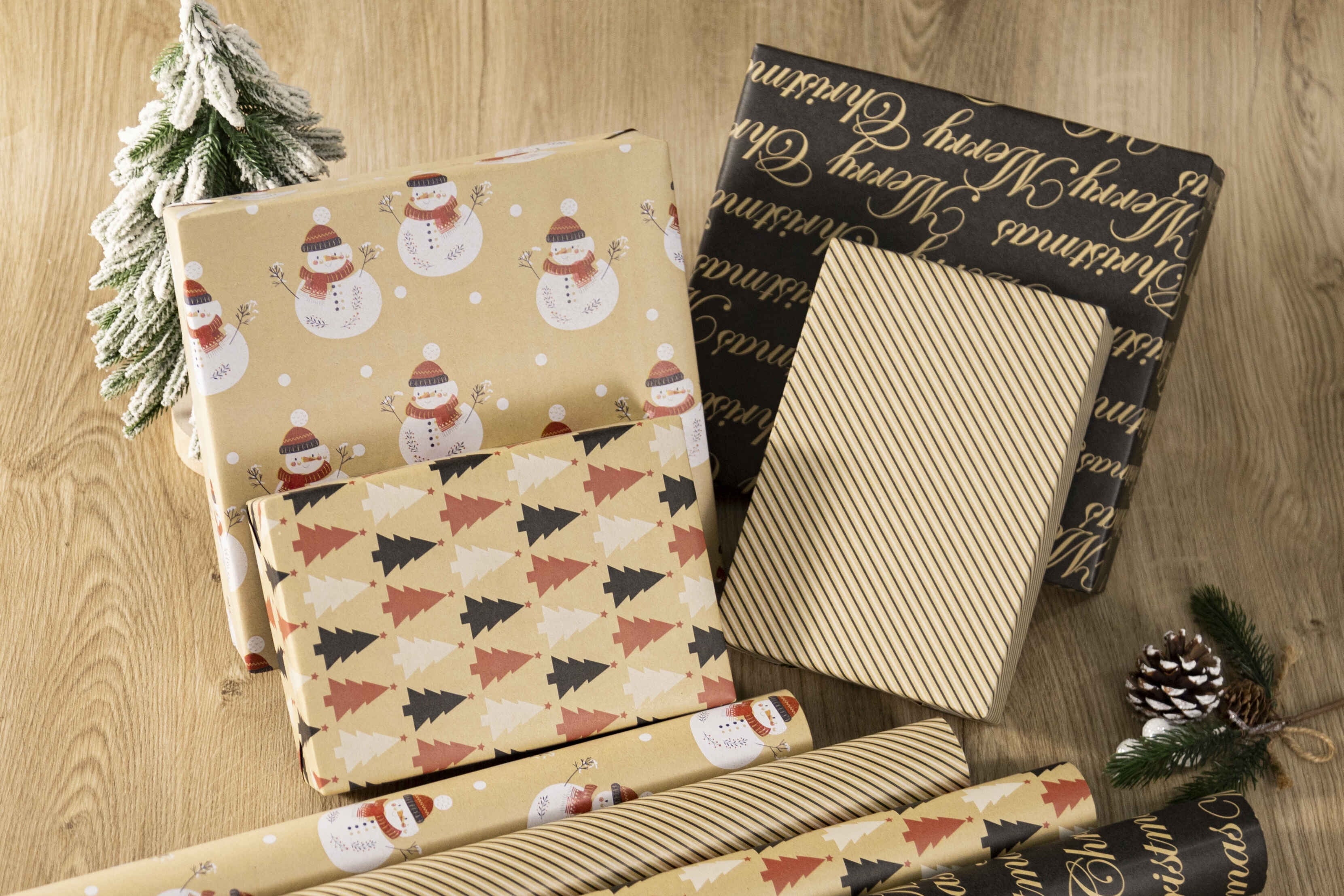 LaRibbons 30" x 10' Christmas Wrapping Paper Bundle (4-pack) | Black and Red Kraft w/ Snowman and Trees